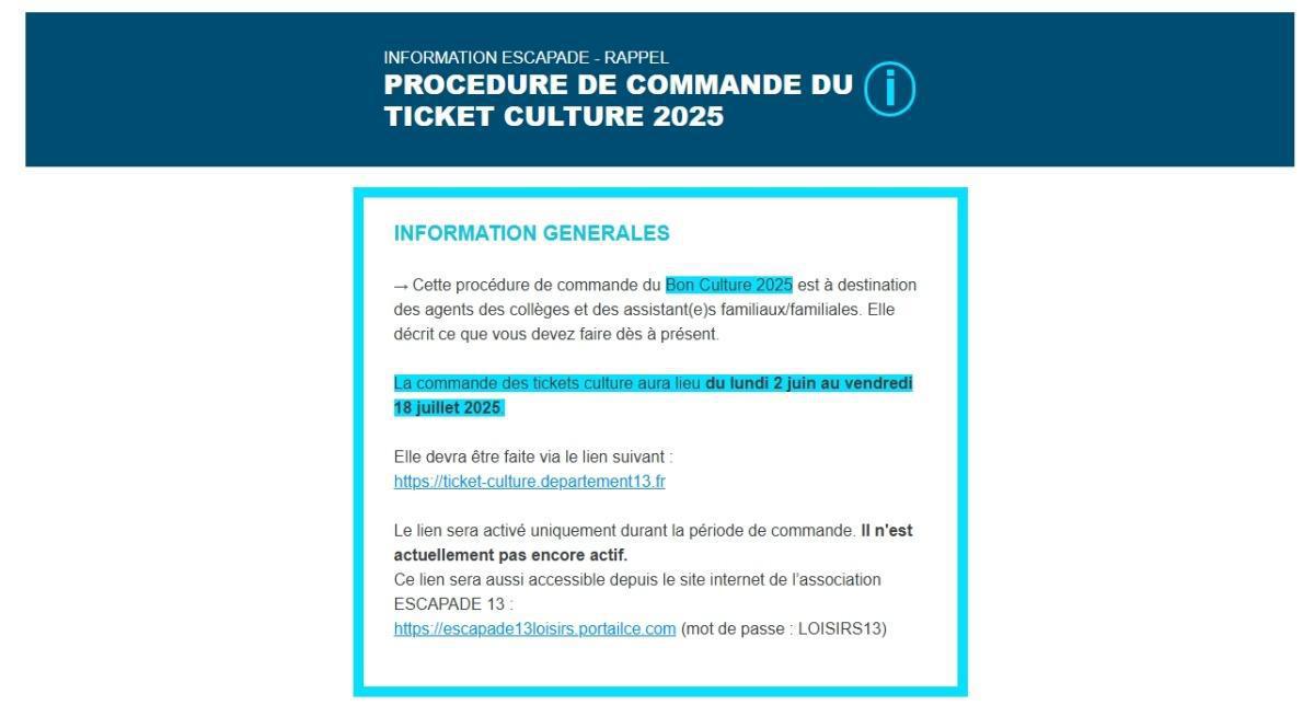 Information ESCAPADE RAPPEL - Information Importante bon culture 2025 : modalités de commande