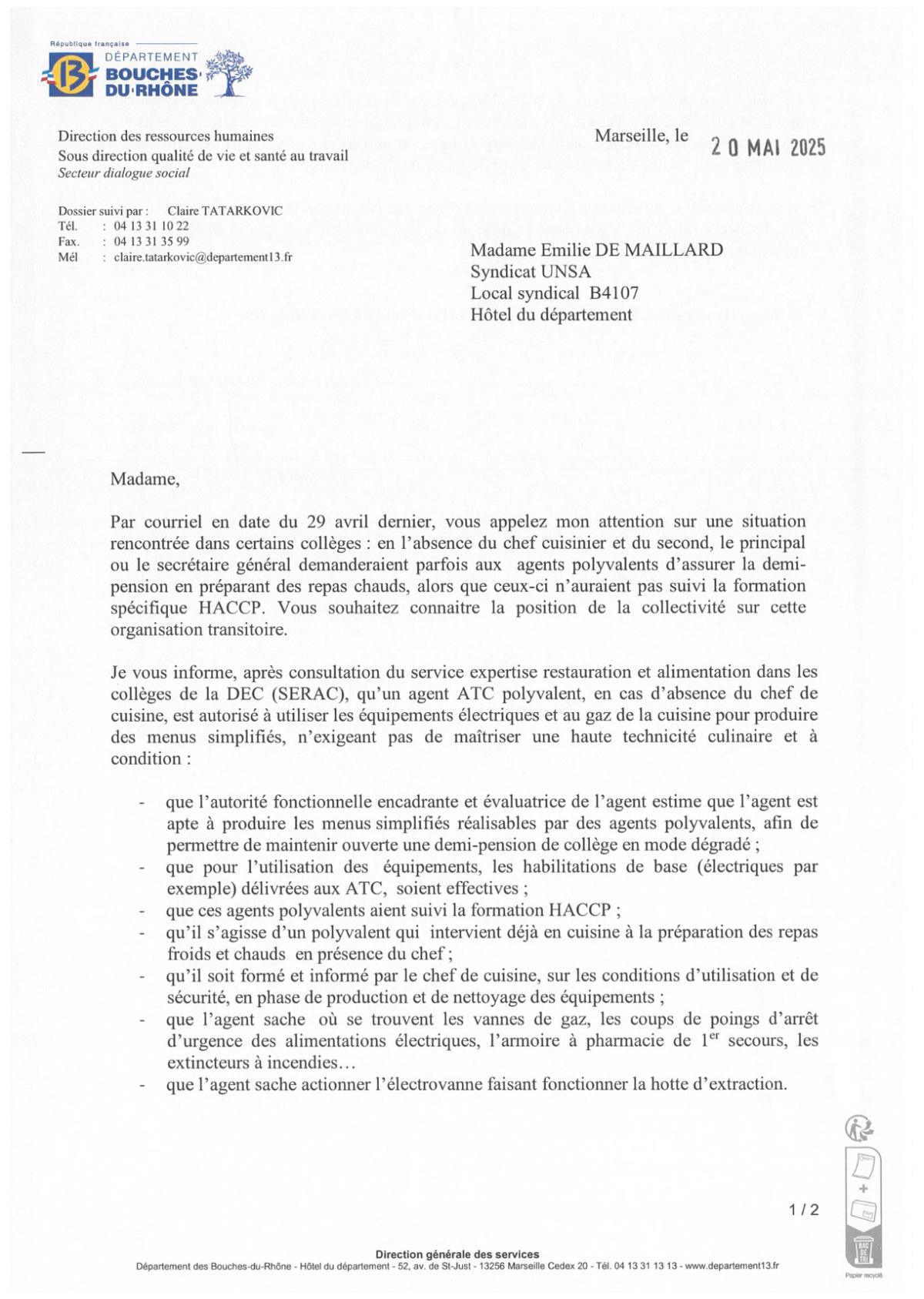 Réponse à UNSA - demi-pension dans les collèges / CD13 Réponse à UNSA - demi-pension dans les collèges / CD13