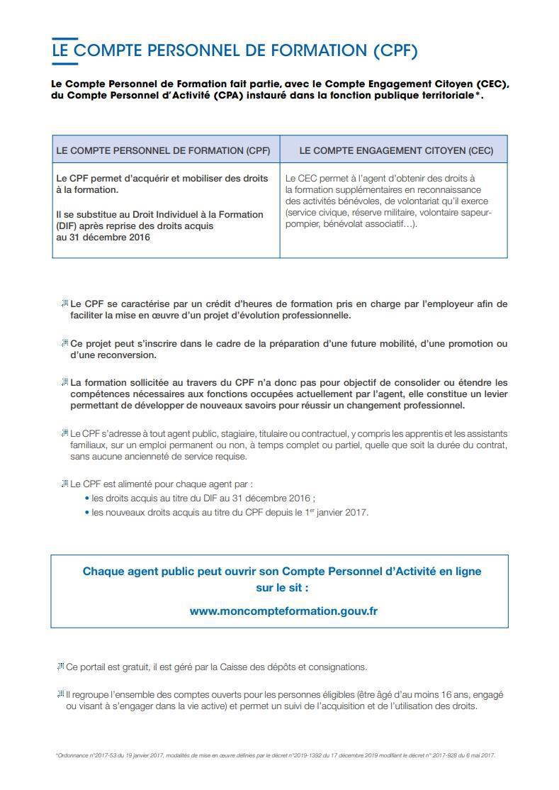 COMPTE PERSONNEL DE FORMATION COMPTE PERSONNEL DE FORMATION