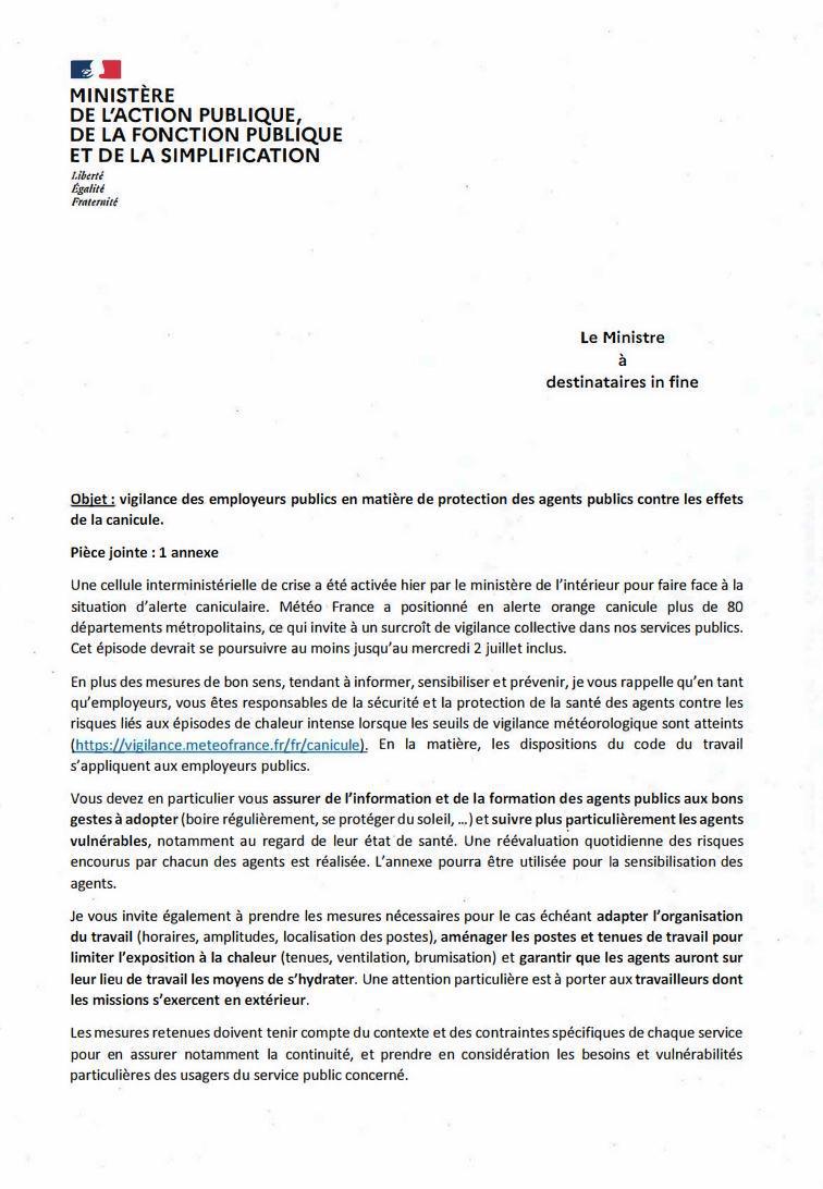 PLAN CANICULE MIS EN PLACE DANS LA FONCTION PUBLIQUE