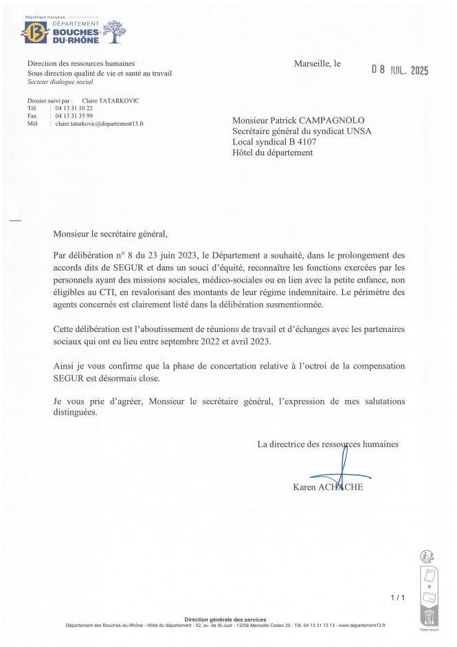 Courrier relatif à la compensation Ségur - UNSA / CD13