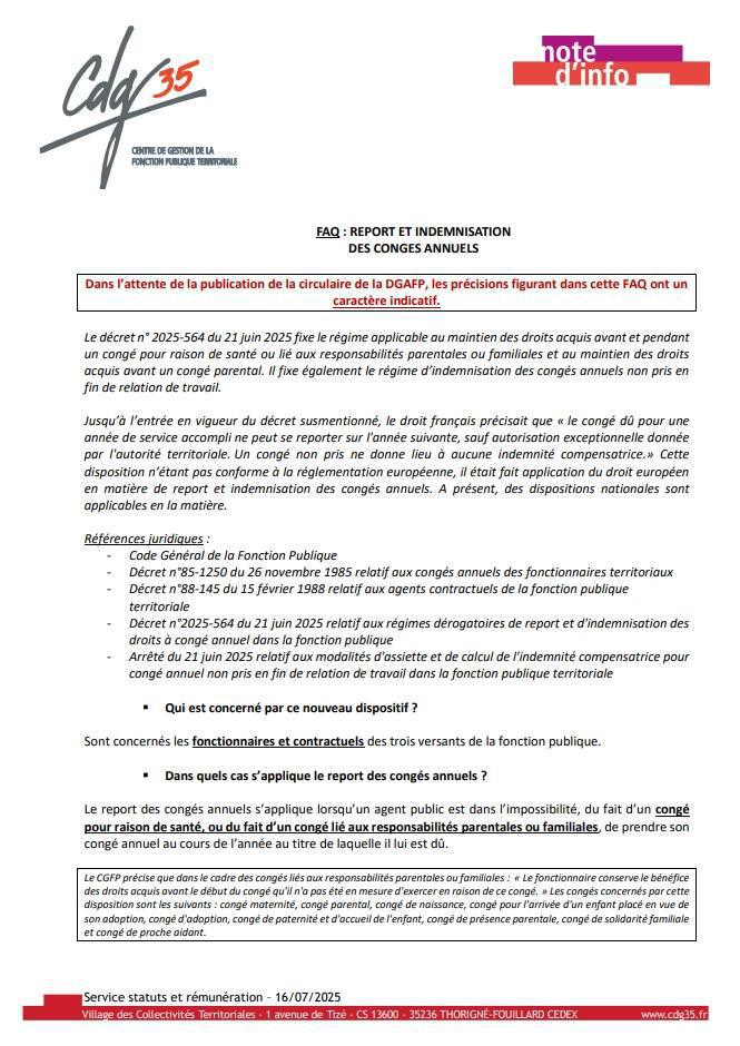 FAQ : REPORT ET INDEMNISATION DES CONGES ANNUELS / CDG35