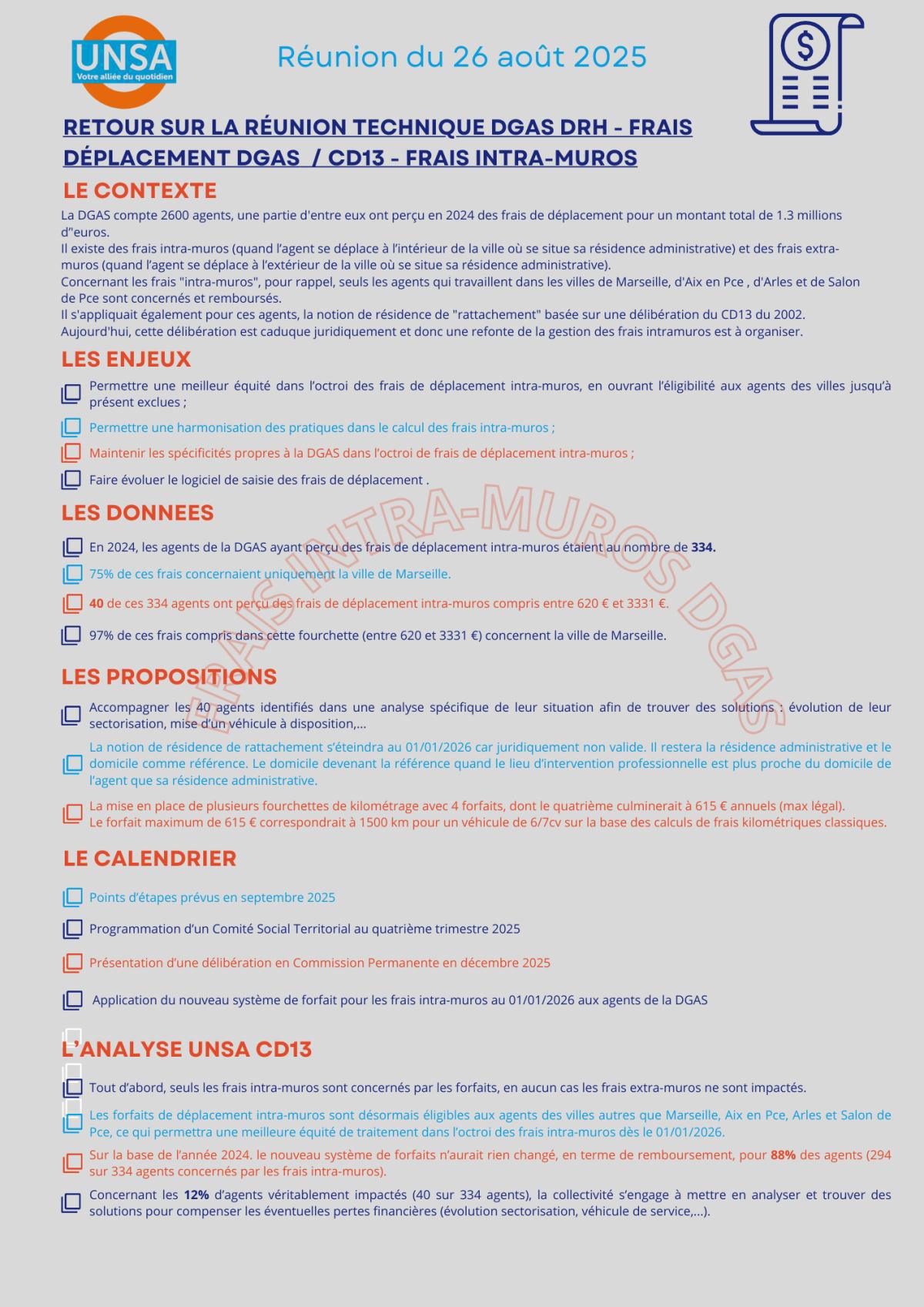 Retour sur la réunion technique DGAS DRH - Frais déplacement DGAS / CD13 - Frais INTRAMUROS