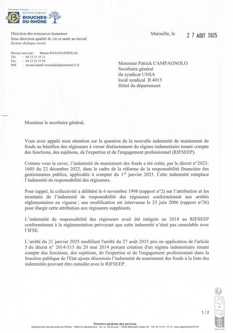 Réponse à UNSA - RIFSEEP régisseurs / DRH CD13 / 27 AOUT 2025
