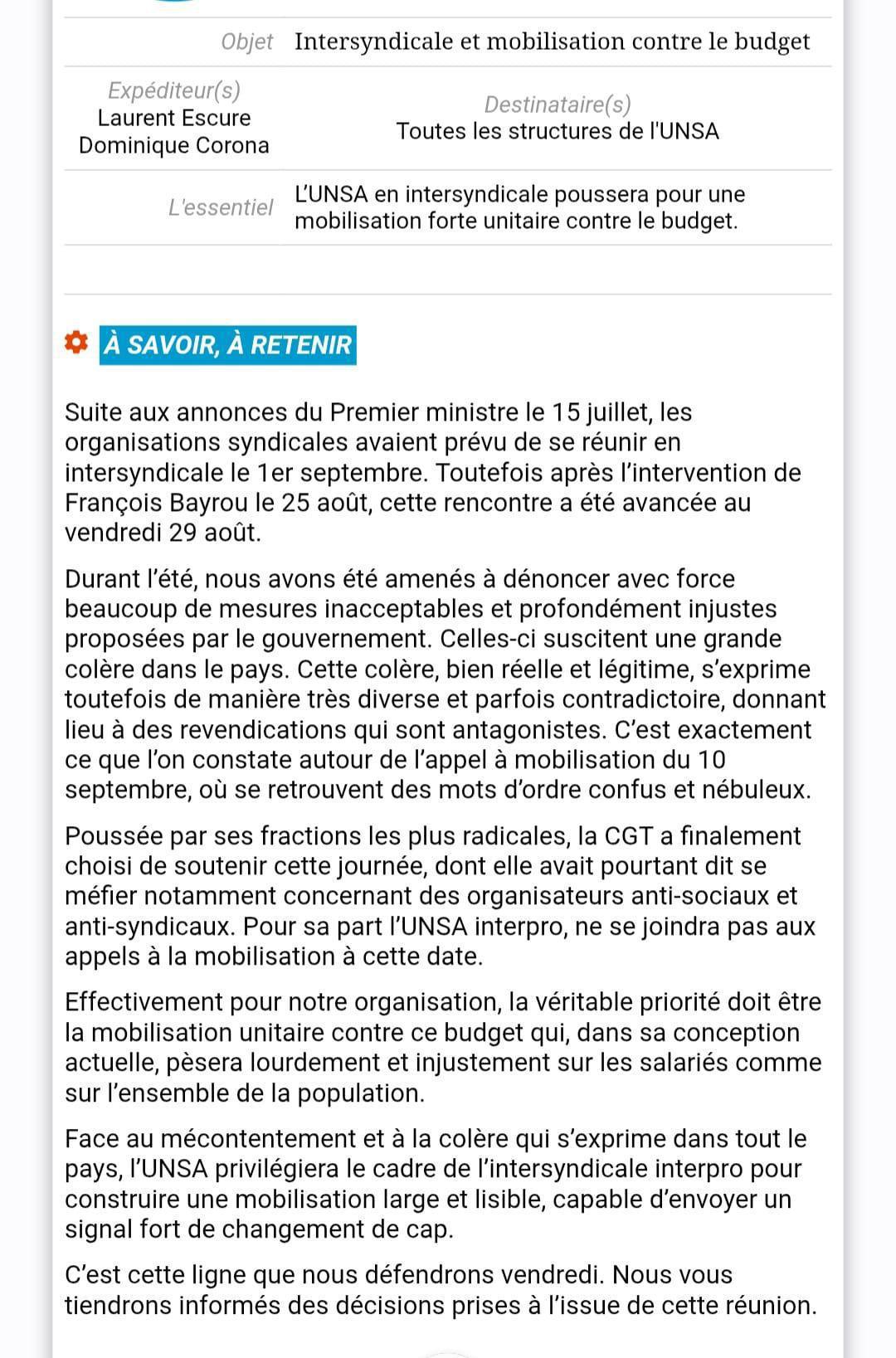 Intersyndicale et mobilisation contre le budget / UNSA