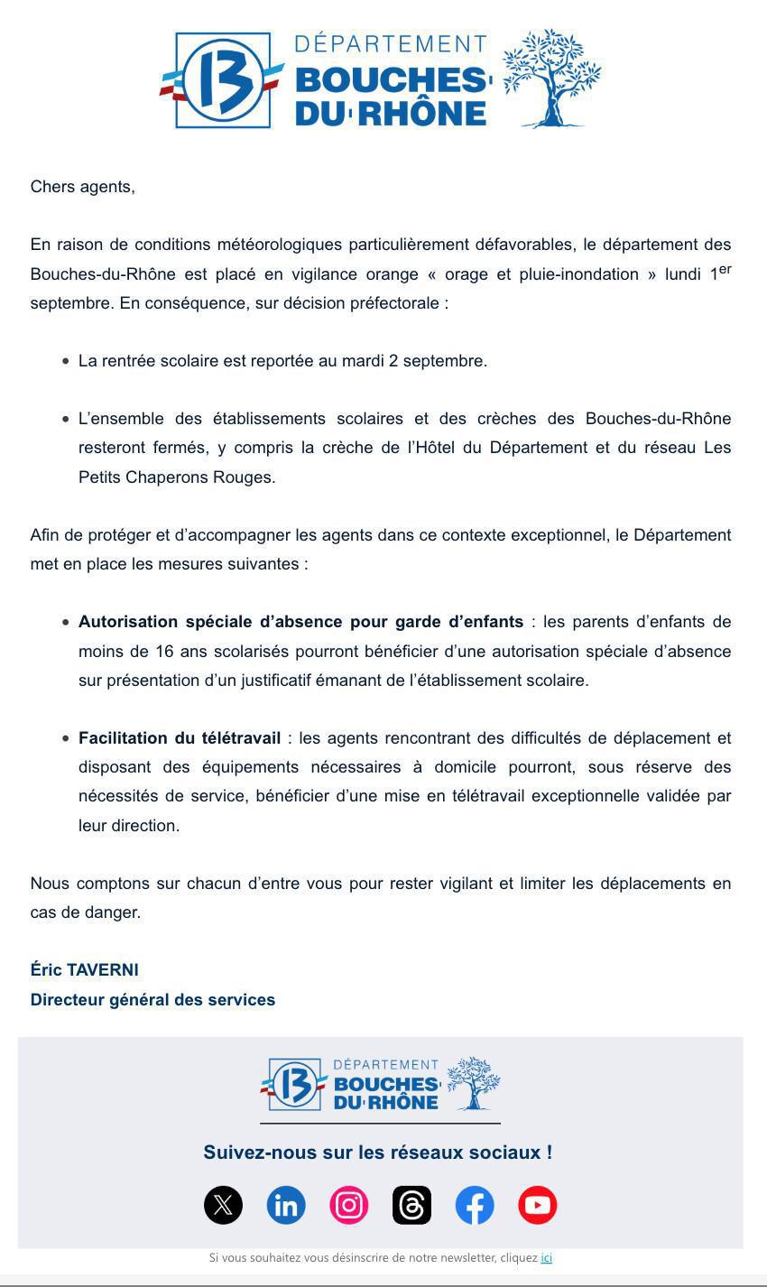 ALERTE METEO / LUNDI 1er SEPTEMBRE 2025 / COMMUNIQUE DGS CD13 / TOUS LES ATC ATI ET AGENTS VOLANTS NE VIENDRONT DANS LES COLLEGES ET SONT POSITIONNES EN ASA ALERTE METEO / LUNDI 1er SEPTEMBRE 2025 / COMMUNIQUE DGS CD13 / TOUS LES ATC ATI ET AGENTS VOLANTS NE VIENDRONT DANS LES COLLEGES ET SONT POSITIONNES EN ASA