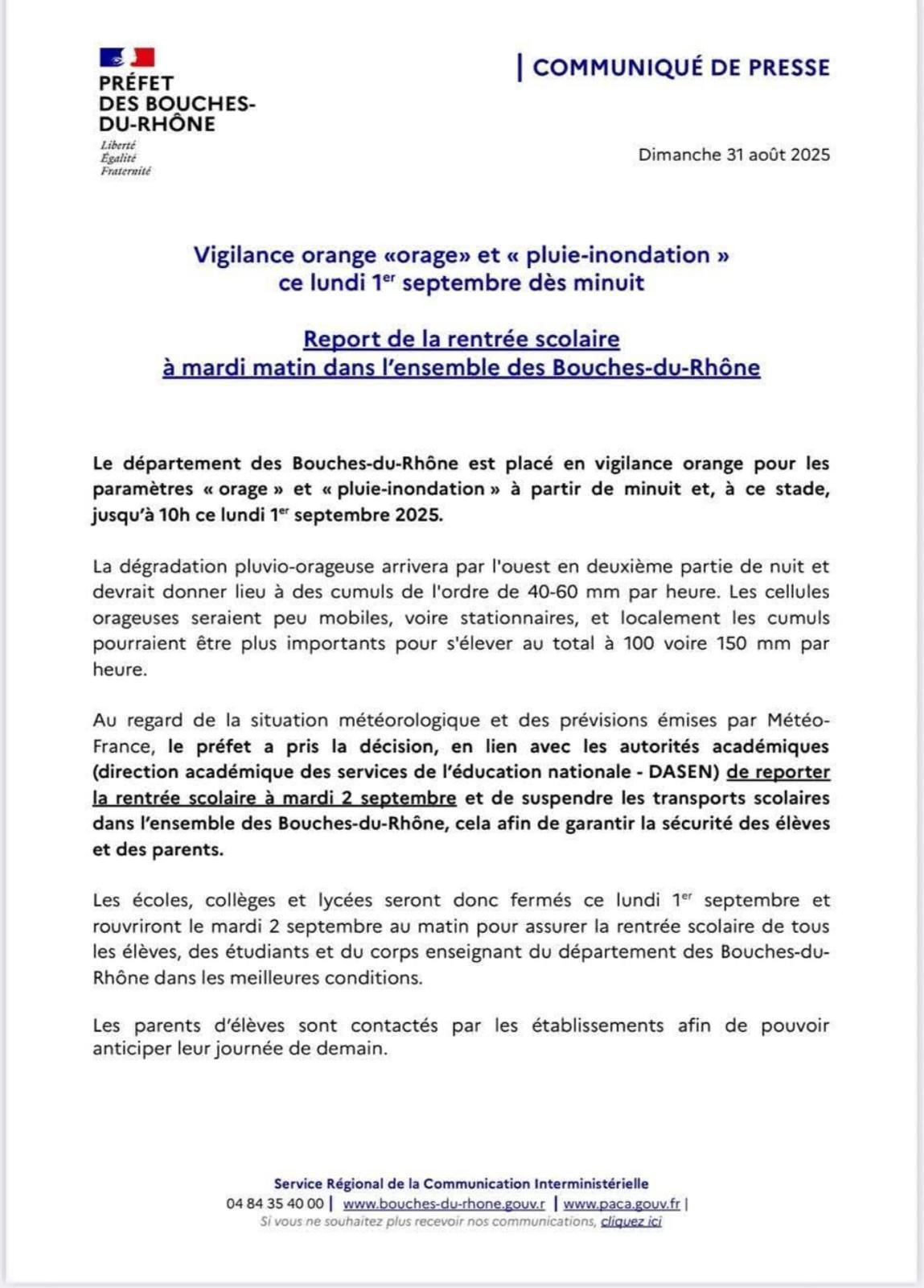 ALERTE METEO / LUNDI 1er SEPTEMBRE 2025 / COMMUNIQUE DGS CD13 / TOUS LES ATC ATI ET AGENTS VOLANTS NE VIENDRONT DANS LES COLLEGES ET SONT POSITIONNES EN ASA ALERTE METEO / LUNDI 1er SEPTEMBRE 2025 / COMMUNIQUE DGS CD13 / TOUS LES ATC ATI ET AGENTS VOLANTS NE VIENDRONT DANS LES COLLEGES ET SONT POSITIONNES EN ASA
