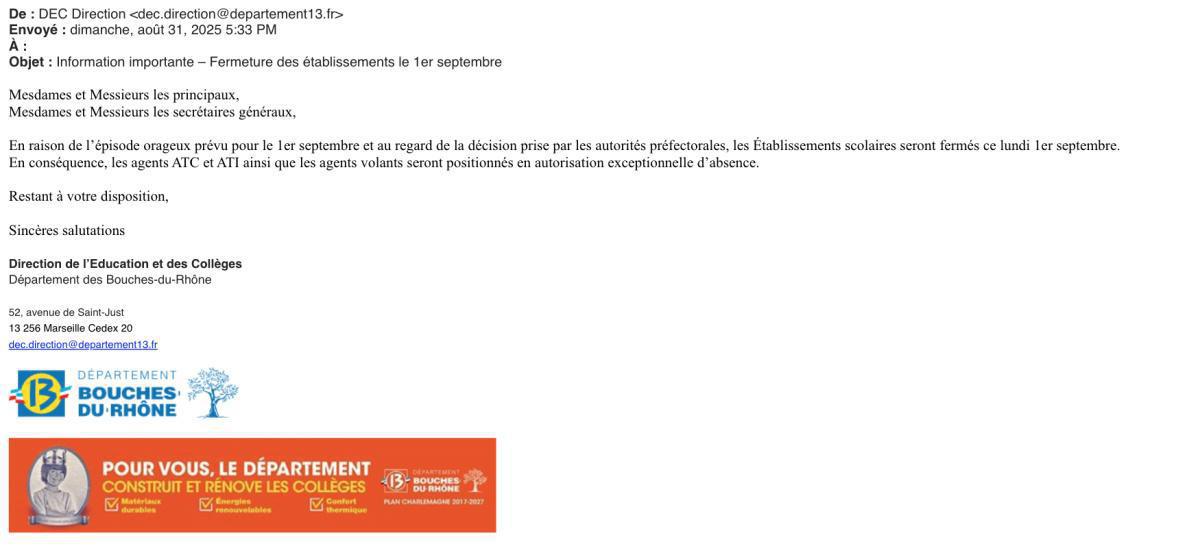 ALERTE METEO / LUNDI 1er SEPTEMBRE 2025 / COMMUNIQUE DGS CD13 / TOUS LES ATC ATI ET AGENTS VOLANTS NE VIENDRONT DANS LES COLLEGES ET SONT POSITIONNES EN ASA ALERTE METEO / LUNDI 1er SEPTEMBRE 2025 / COMMUNIQUE DGS CD13 / TOUS LES ATC ATI ET AGENTS VOLANTS NE VIENDRONT DANS LES COLLEGES ET SONT POSITIONNES EN ASA