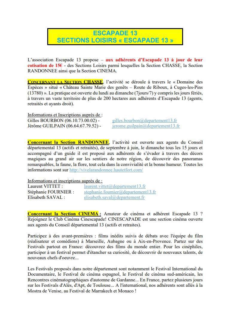 INFORMATION SUR LES SECTIONS LOISIRS D'ESCAPADE 13 / CD13