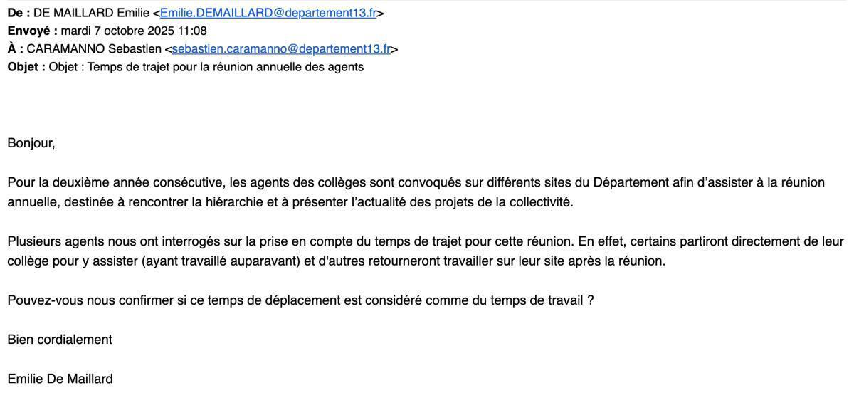 AGENTS DES COLLEGES / DEMANDE UNSA CD13 SUR LA PRISE EN COMPTE DU TEMPS DE TRAJET A/R DANS LE TEMPS DE TRAVAIL POUR ASSISTER AUX REUNIONS IMPOSEES AU ATC PAR LA DEC CD13