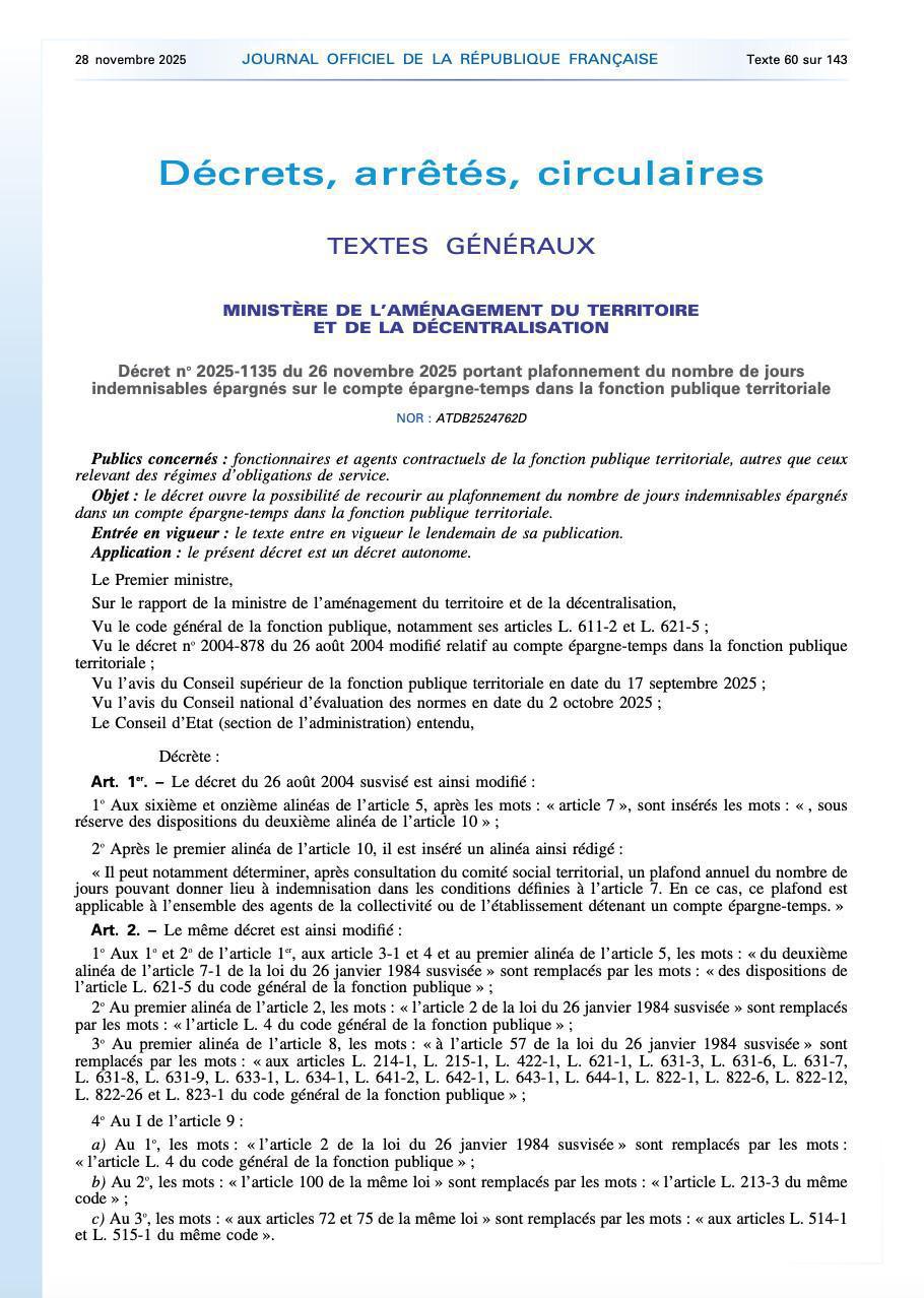 Décret no 2025-1135 du 26 novembre 2025 portant plafonnement du nombre de jours indemnisables épargnés sur le compte épargne-temps dans la fonction publique territoriale