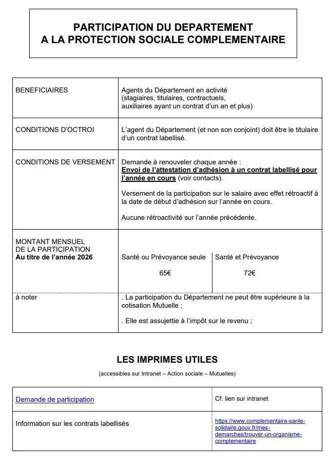 PARTICIPATION A LA PROTECTION SOCIALE COMPLEMENTAIRE NOUVEAUX CONTRATS et/ou RENOUVELLEMENTS POUR 2026