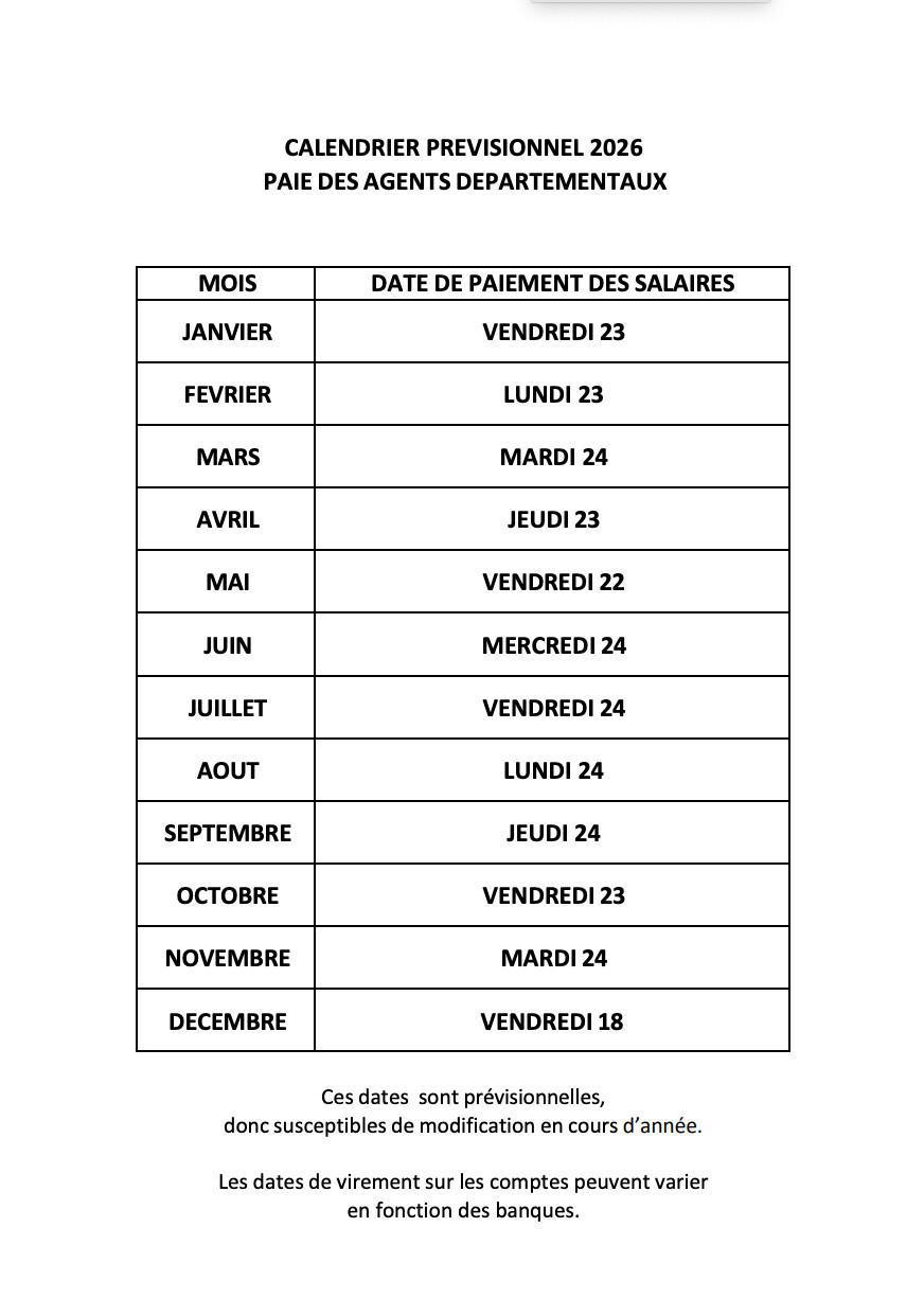 CALENDRIER PREVISIONNEL 2026 / PAIE DES AGENTS DEPARTEMENTAUX