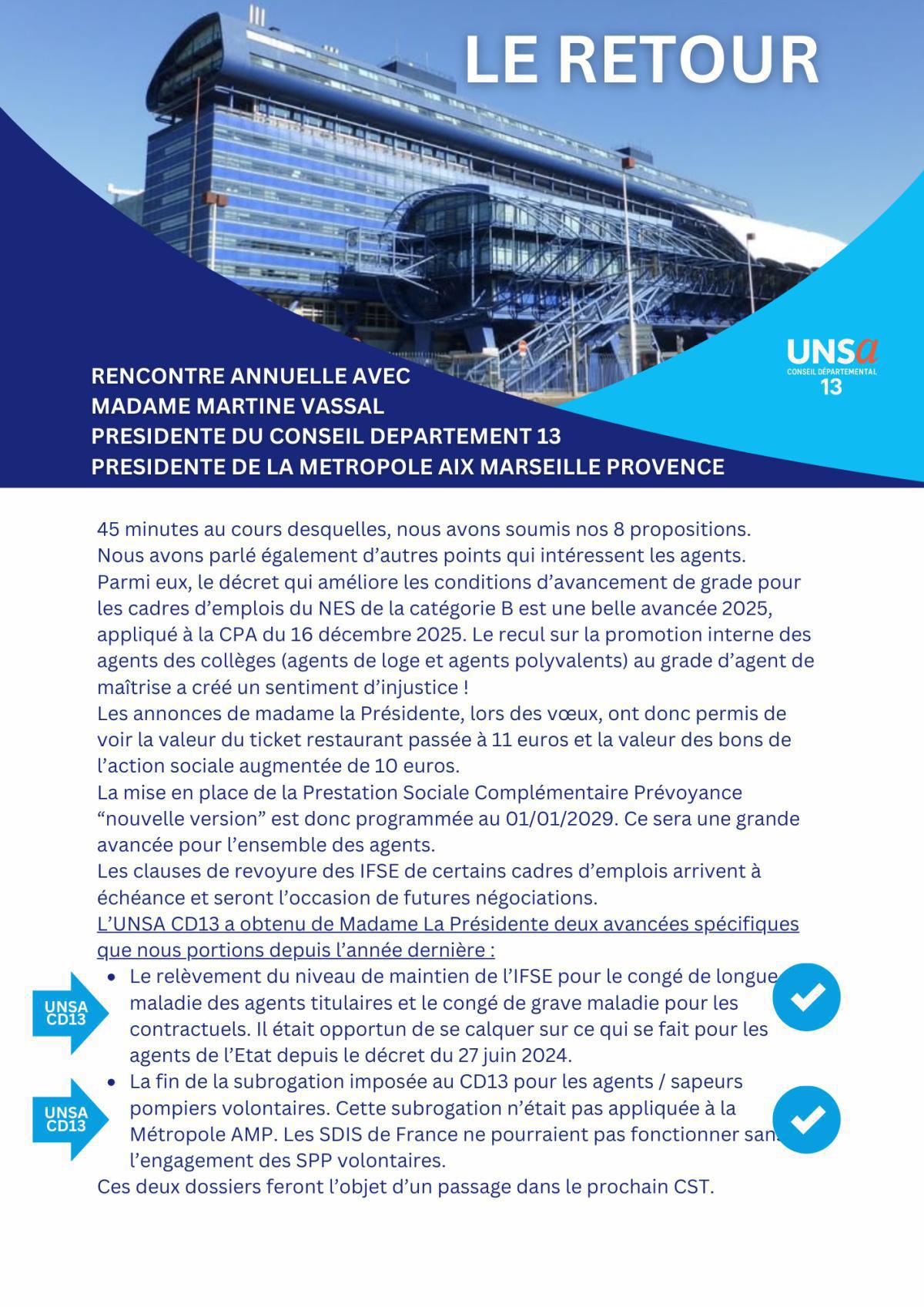 RETOUR SUR LA RENCONTRE AVEC MADAME MARTINE VASSAL PRESIDENTE DU CD13 / MERCREDI 21 JANVIER 2026 14H30-15H30
