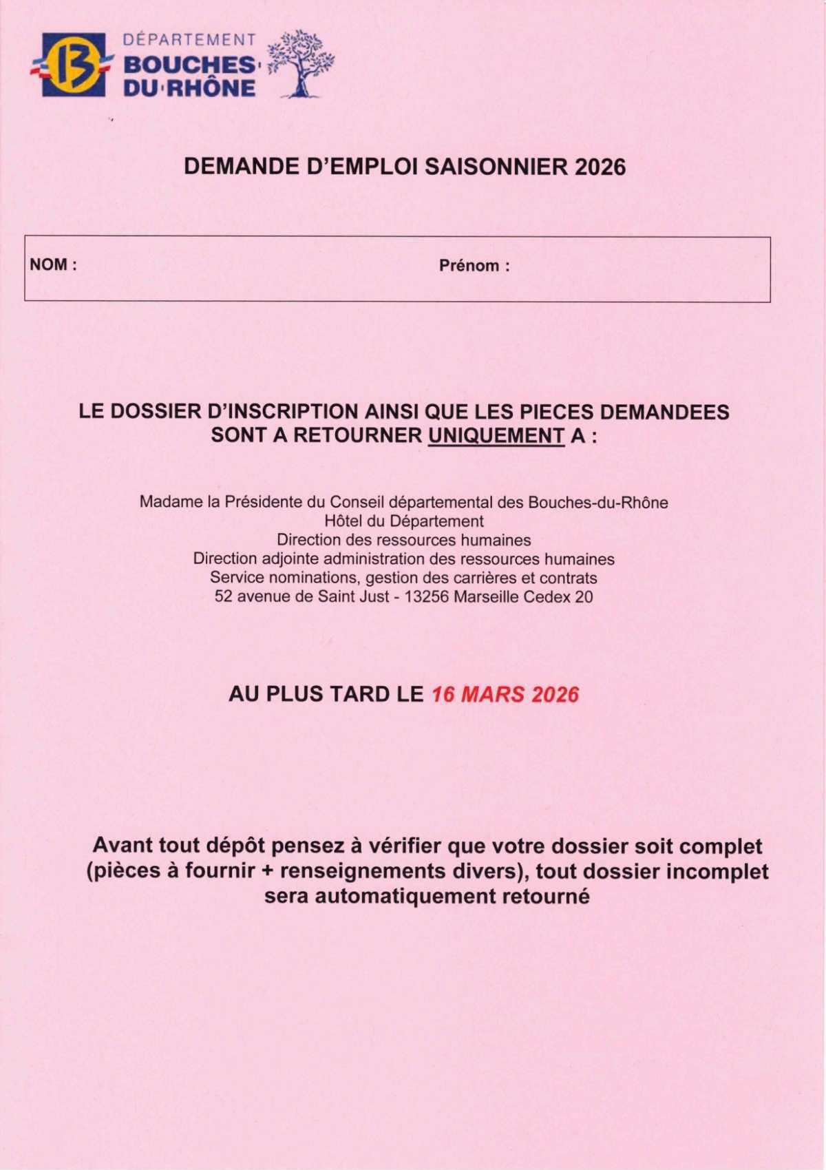 DEMANDE D'EMPLOI SAISONNIER 2026 / CD13