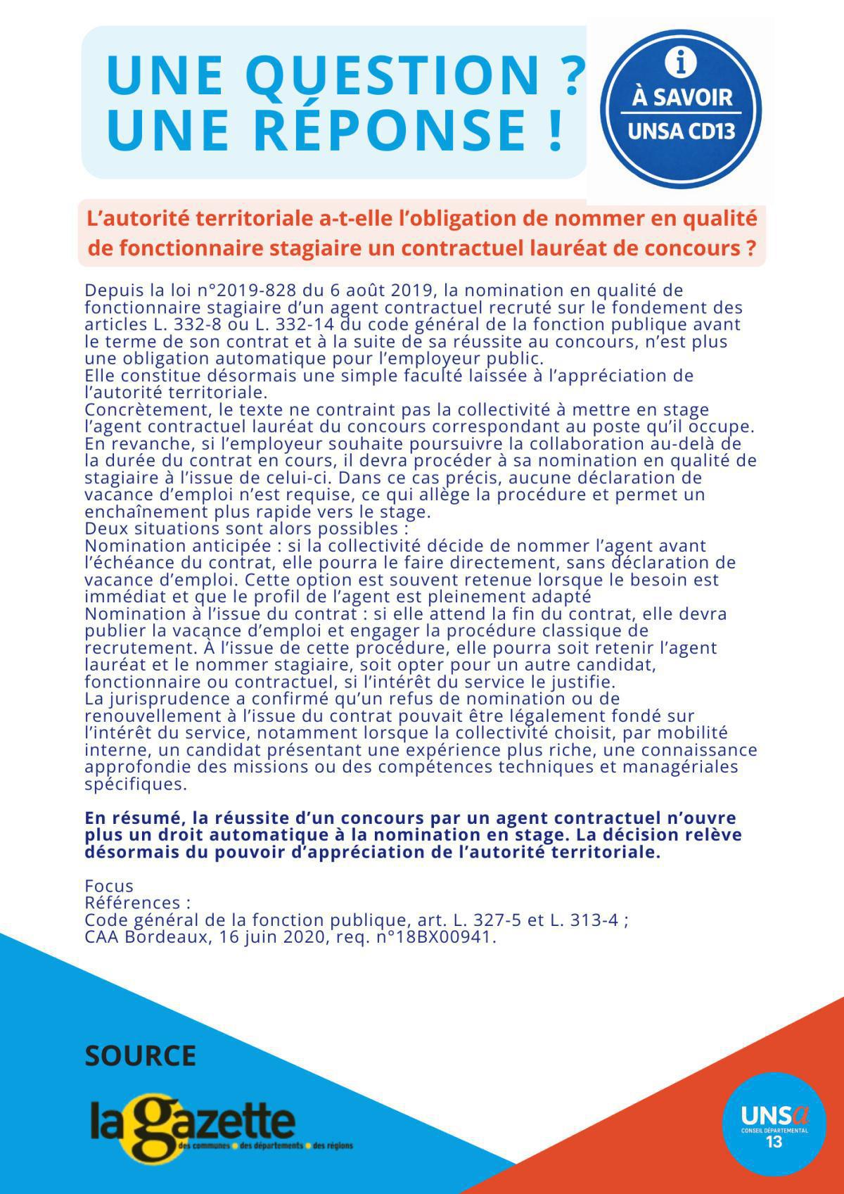 L’autorité territoriale a-t-elle l’obligation de nommer en qualité de fonctionnaire stagiaire un contractuel lauréat de concours ? L’autorité territoriale a-t-elle l’obligation de nommer en qualité de fonctionnaire stagiaire un contractuel lauréat de concours ?