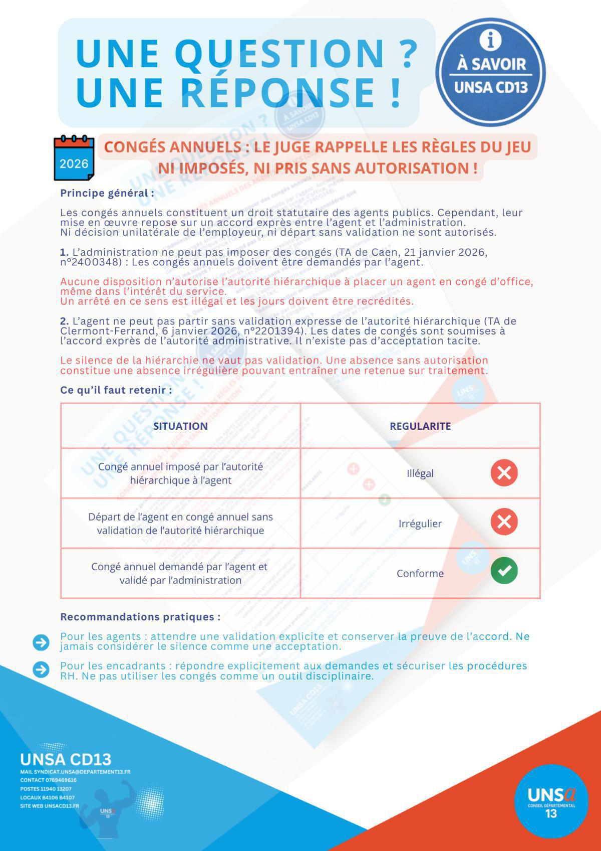 CONGES ANNUELS / 2026 / LE JUGE RAPPELLE LES REGLES DU JEU ! / NI IMPOSES / NI SANS AUTORISATION