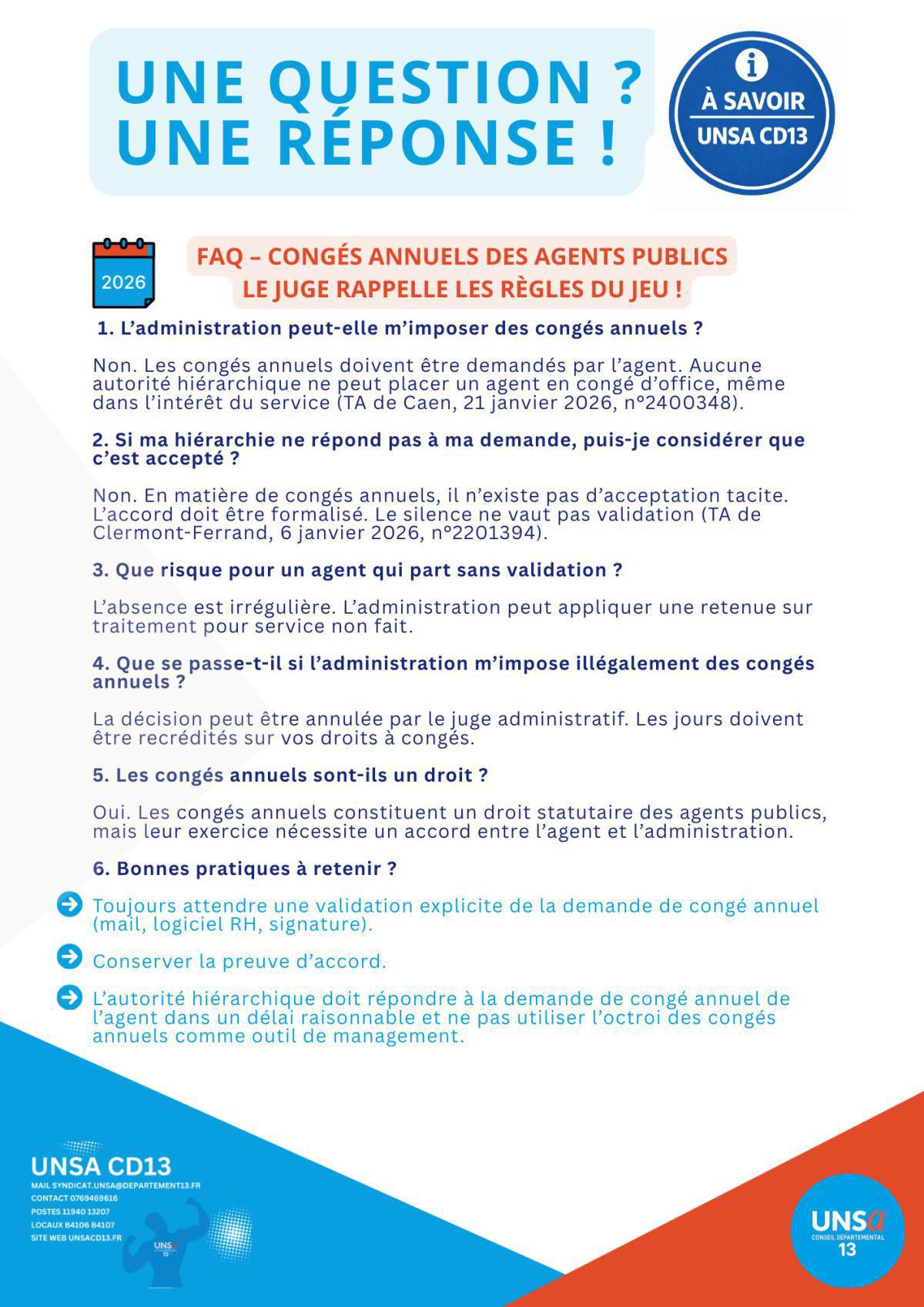 CONGES ANNUELS / 2026 / LE JUGE RAPPELLE LES REGLES DU JEU ! / NI IMPOSES / NI SANS AUTORISATION