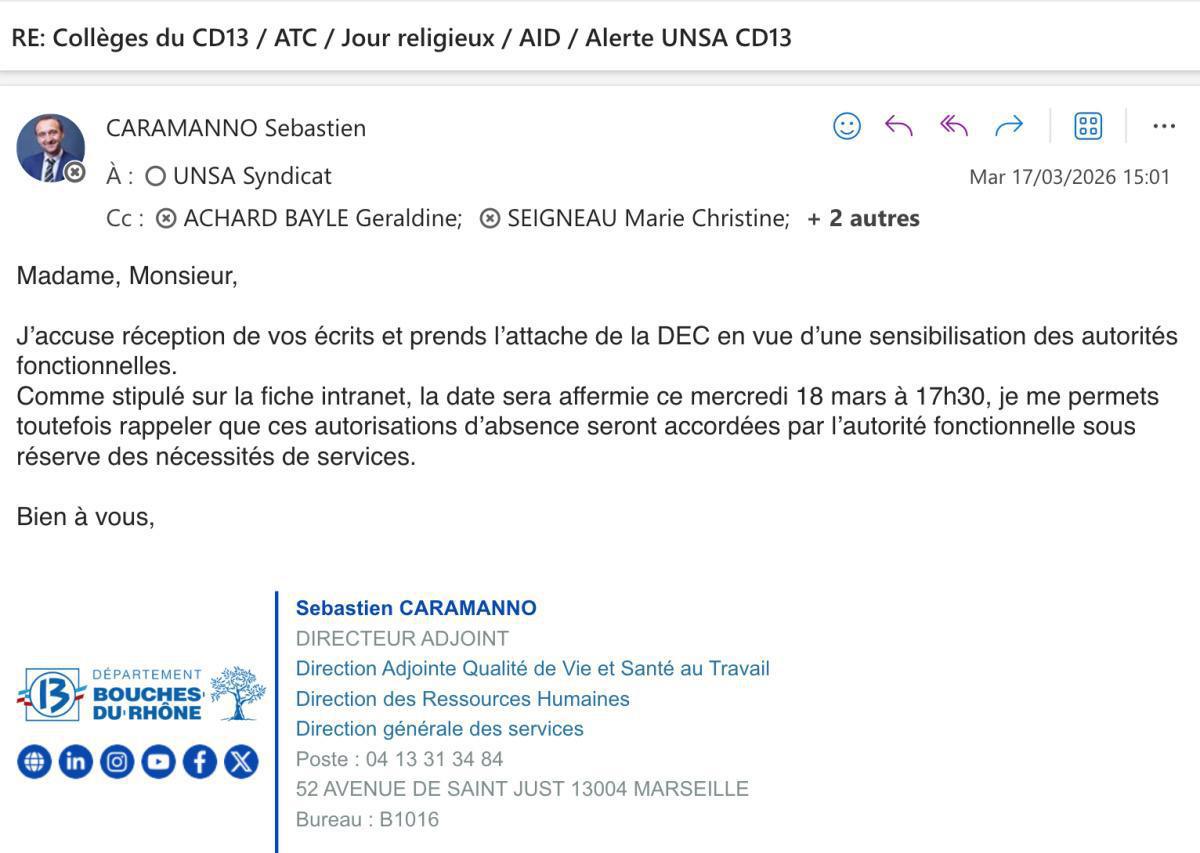 LA REPONSE DE LA DRH / JOURS RELIGIEUX / RAPPELS DES DROITS DES AGENTS DE CONFESSION MUSULMANE / OCTROI DE L'AÏD /CD13