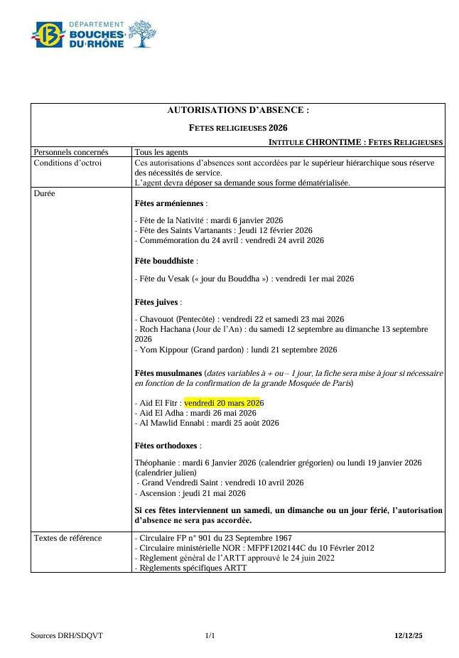 JOURS RELIGIEUX / RAPPELS DES DROITS DES AGENTS DE CONFESSION MUSULMANE / OCTROI DE L'AÏD /CD13 JOURS RELIGIEUX / RAPPELS DES DROITS DES AGENTS DE CONFESSION MUSULMANE / OCTROI DE L'AÏD /CD13