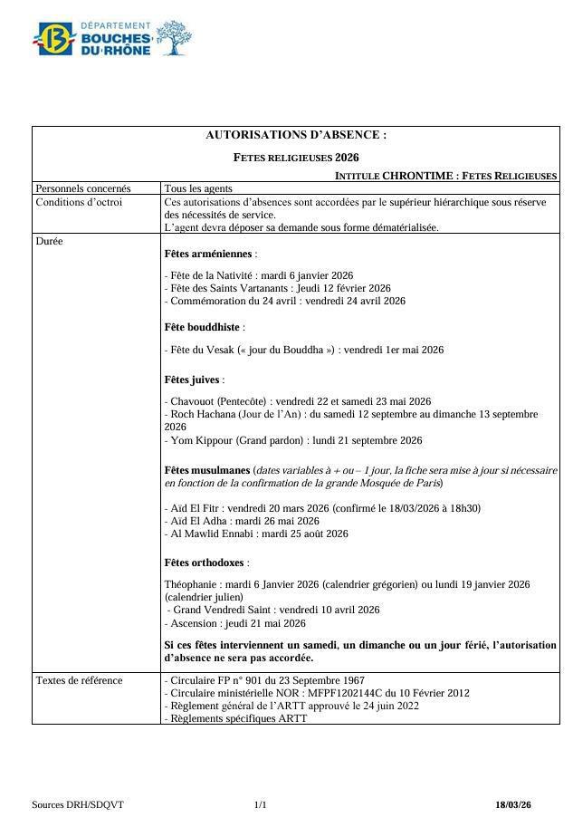 LA REPONSE DE LA DRH / JOURS RELIGIEUX / RAPPELS DES DROITS DES AGENTS DE CONFESSION MUSULMANE / OCTROI DE L'AÏD /CD13