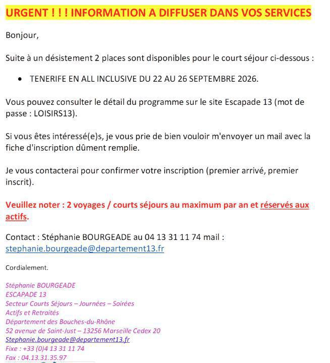 COURT SEJOUR TENERIFE EN ALL INCLUSIVE DU 22 AU 26 SEPTEMBRE 2026 / ESCAPADE 13