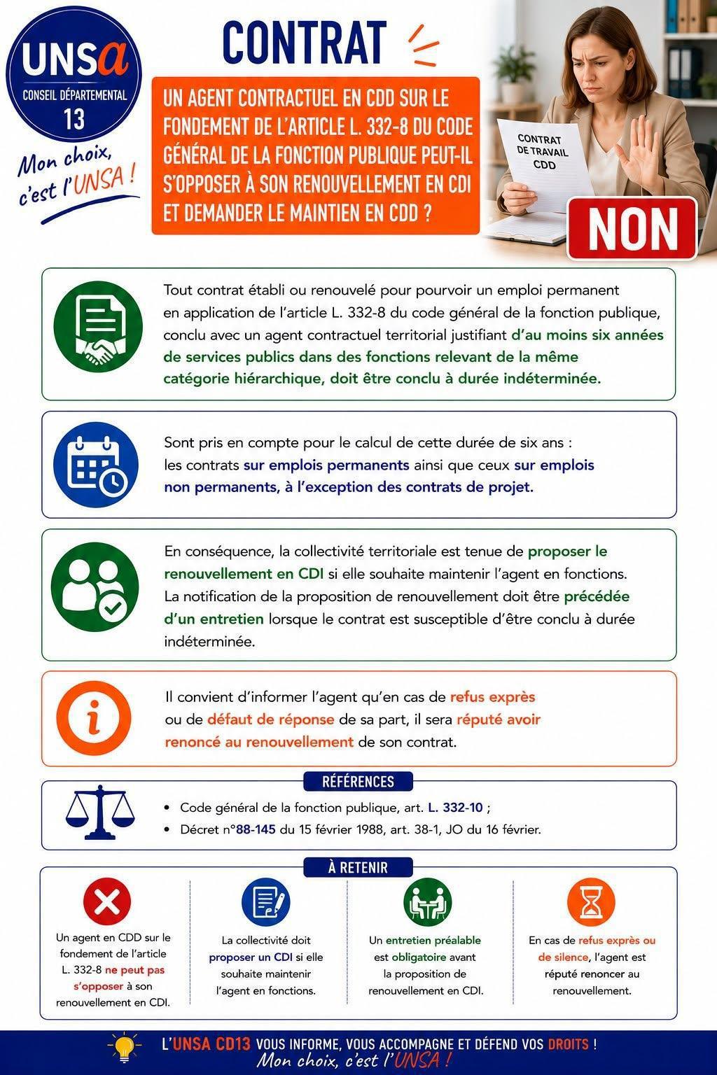 CONTRAT :"un agent. contractuel en CDD sur le fondement de l'article L 332-8 du CGFP peut-il peut-il s'opposer à son renouvellement en CDI et demander son maintien en CDD ?"