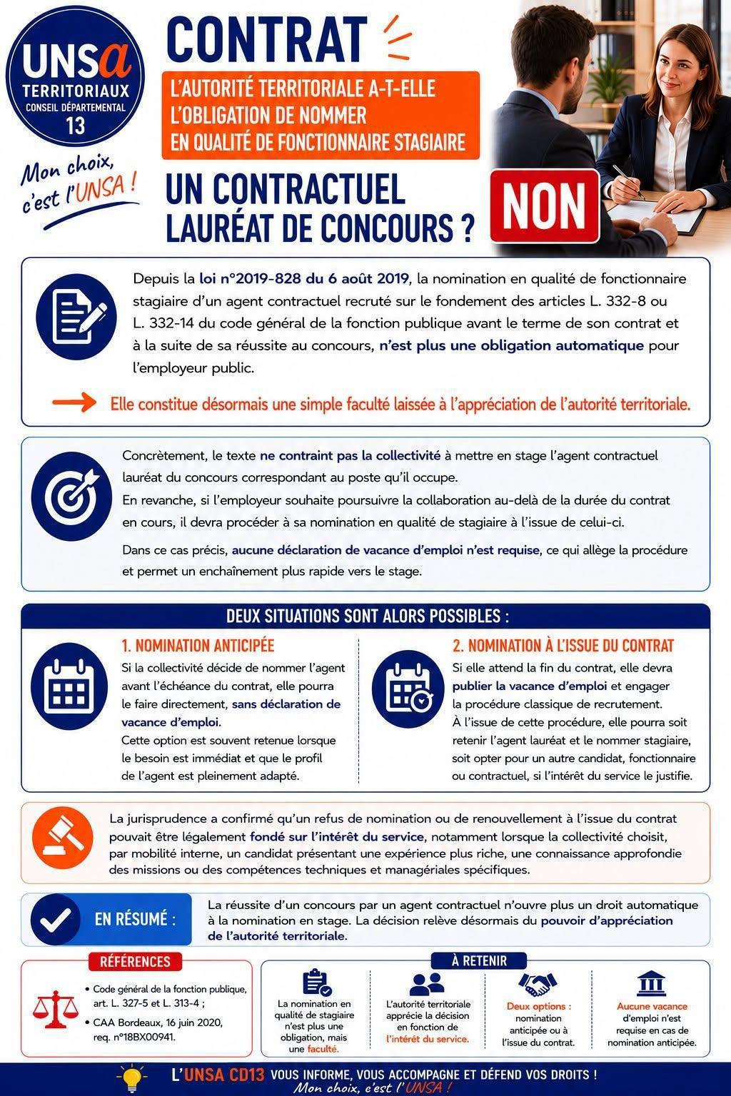 CONTRAT : "L'autorité territoriale a-t-elle l'obligation de nommer en qualité de fonctionnaire stagiaire un contractuel lauréat de concours?"