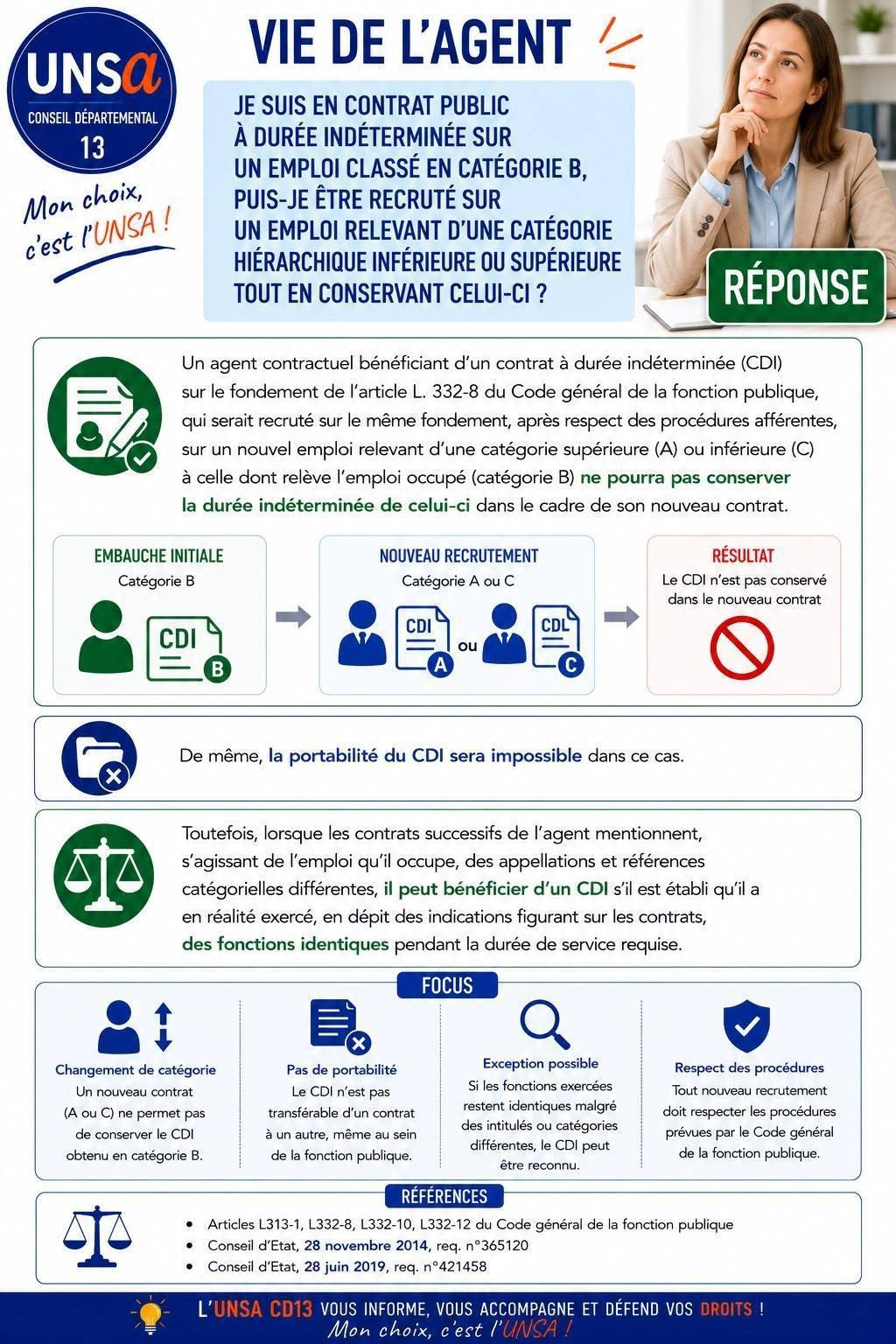 VIE DE L'AGENT : "Je suis en contrat public en CDI sur un emploi à durée indéterminée sur un emploi classé en cat B. Puis-je être recruté sur un emploi relevant d'une catégorie hiérarchique inférieure ou supérieure tout en conservant celui VIE DE L'AGENT : "Je suis en contrat public en CDI sur un emploi à durée indéterminée sur un emploi classé en cat B. Puis-je être recruté sur un emploi relevant d'une catégorie hiérarchique inférieure ou supérieure tout en conservant celui