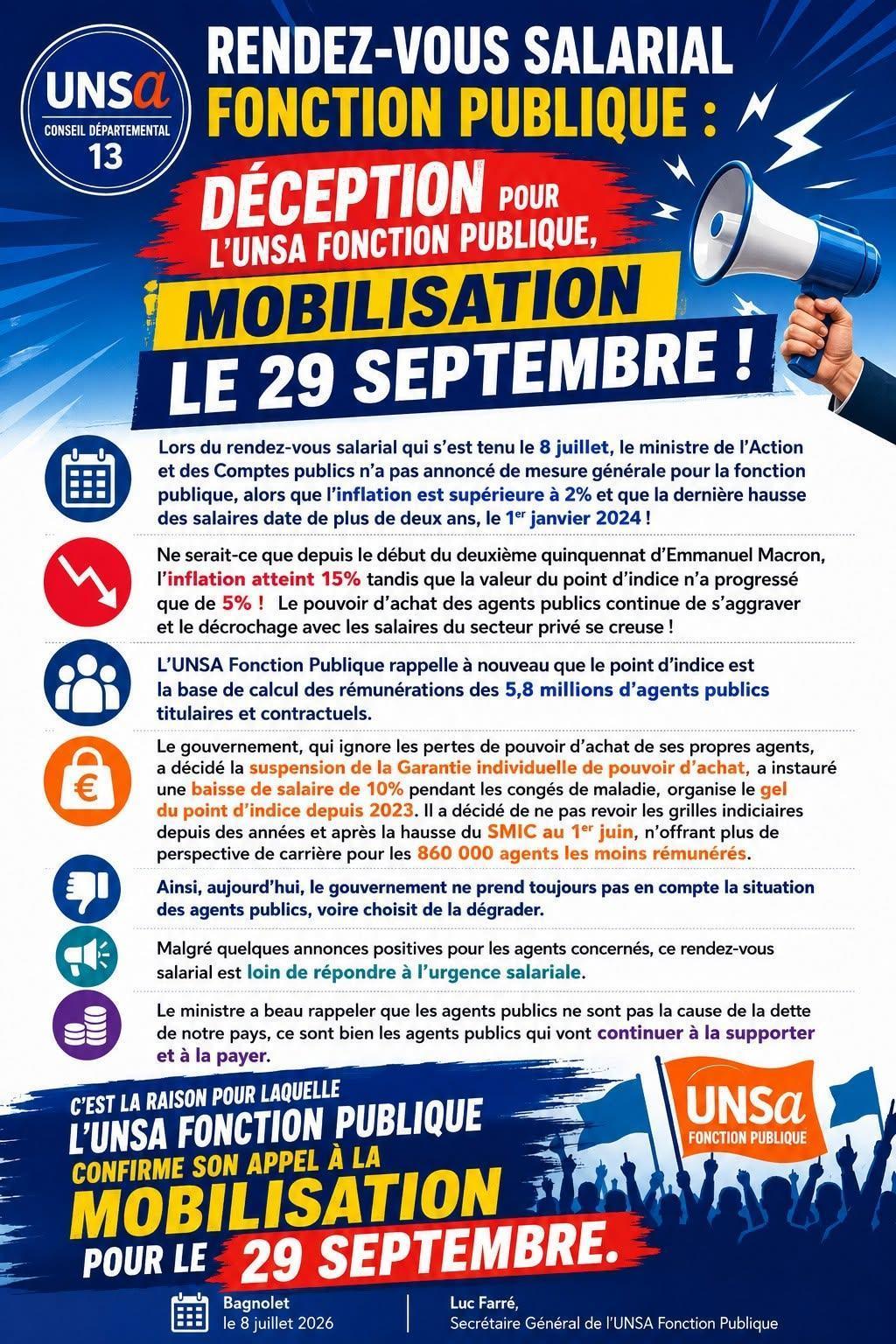 Rendez-vous salarial : des annonces insuffisantes L’UNSA Fonction Publique appelle à la mobilisation le 29 septembre en l’absence de mesure améliorant la rémunération de tous les agents pour 2026 et pour 2027.