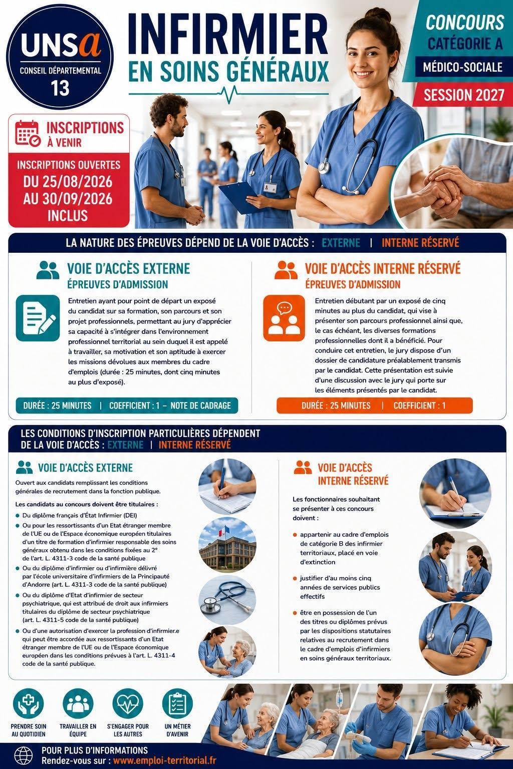 Infirmier en Soins Généraux Inscriptions à venir ConcoursCatégorie AMédico-socialeSession 2027 Inscription ouvertes du 25/08/2026 au 30/09/2026 inclus