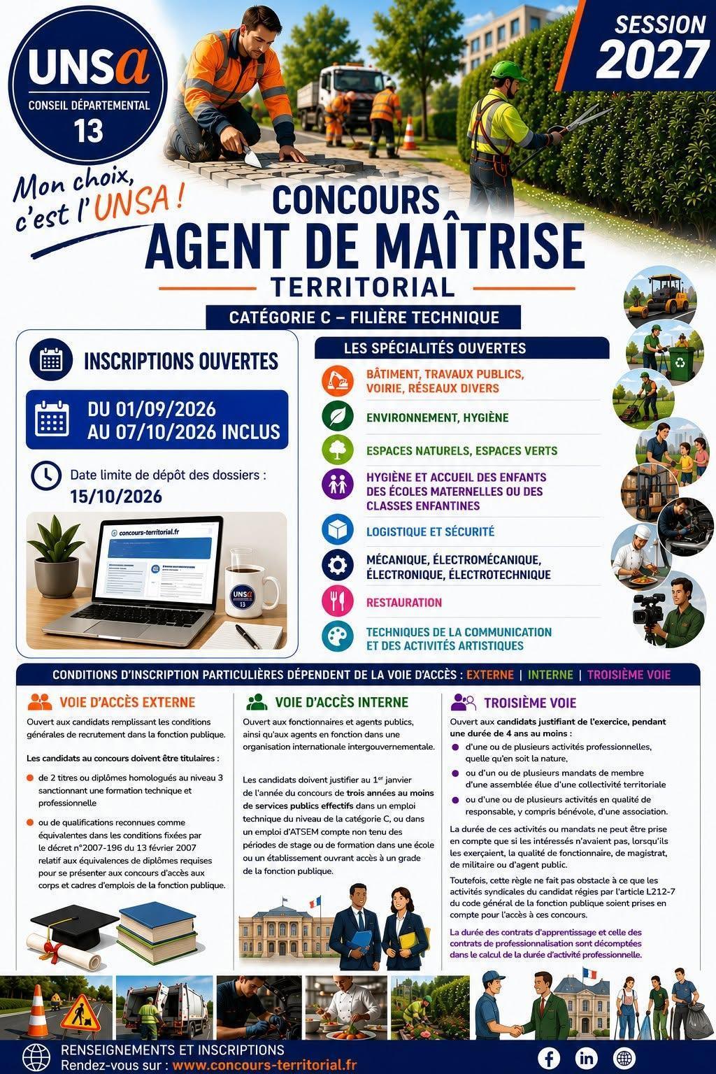 Agent de Maîtrise Inscriptions à venir ConcoursCatégorie CTechniqueSession 2027 Spécialité sélectionnée : environnement, hygiene - modifier Inscription ouvertes du 01/09/2026 au 07/10/2026 inclus