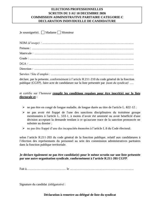 ELECTIONS PROFESSIONNELLES 2026 PORTEZ-VOUS CANDIDAT EN POSITION NON ELIGIBLE OU EN POSITION ELIGIBLE !