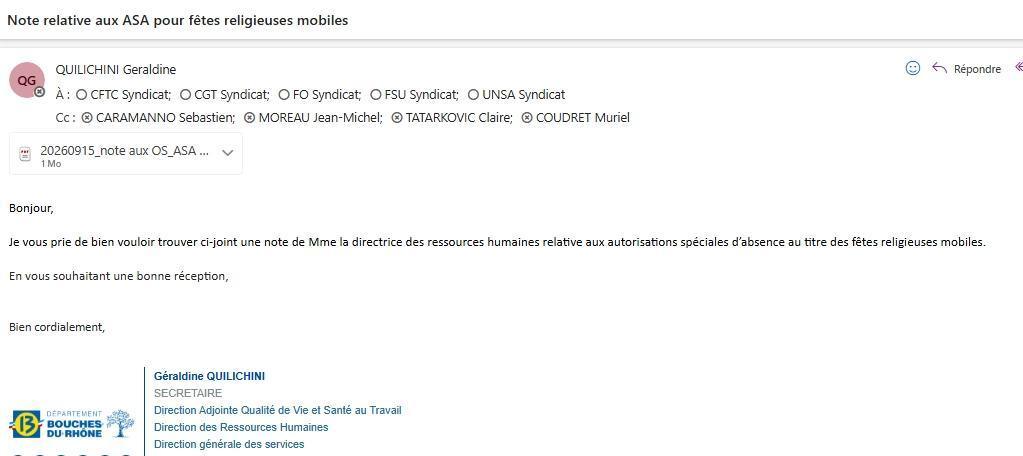Note relative aux ASA pour fêtes religieuses mobiles / CD13