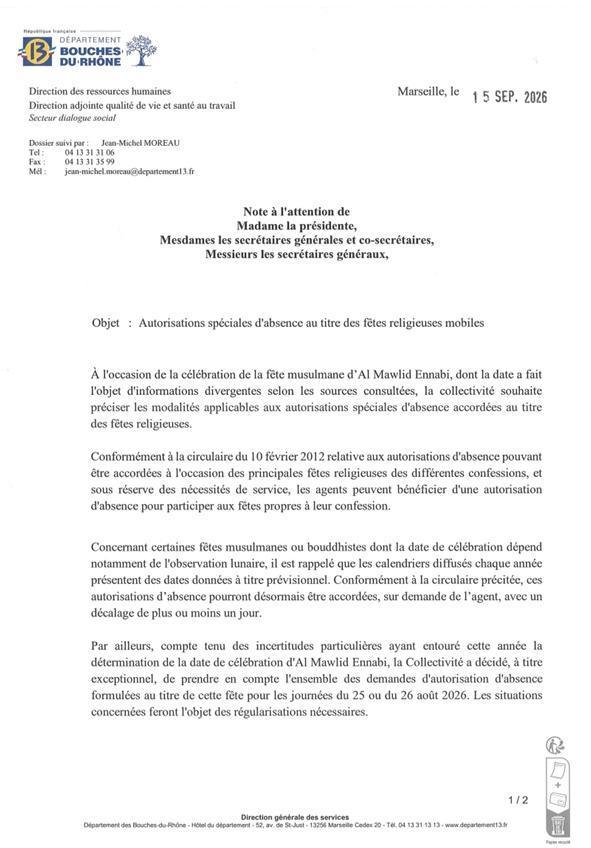 Note relative aux ASA pour fêtes religieuses mobiles / CD13