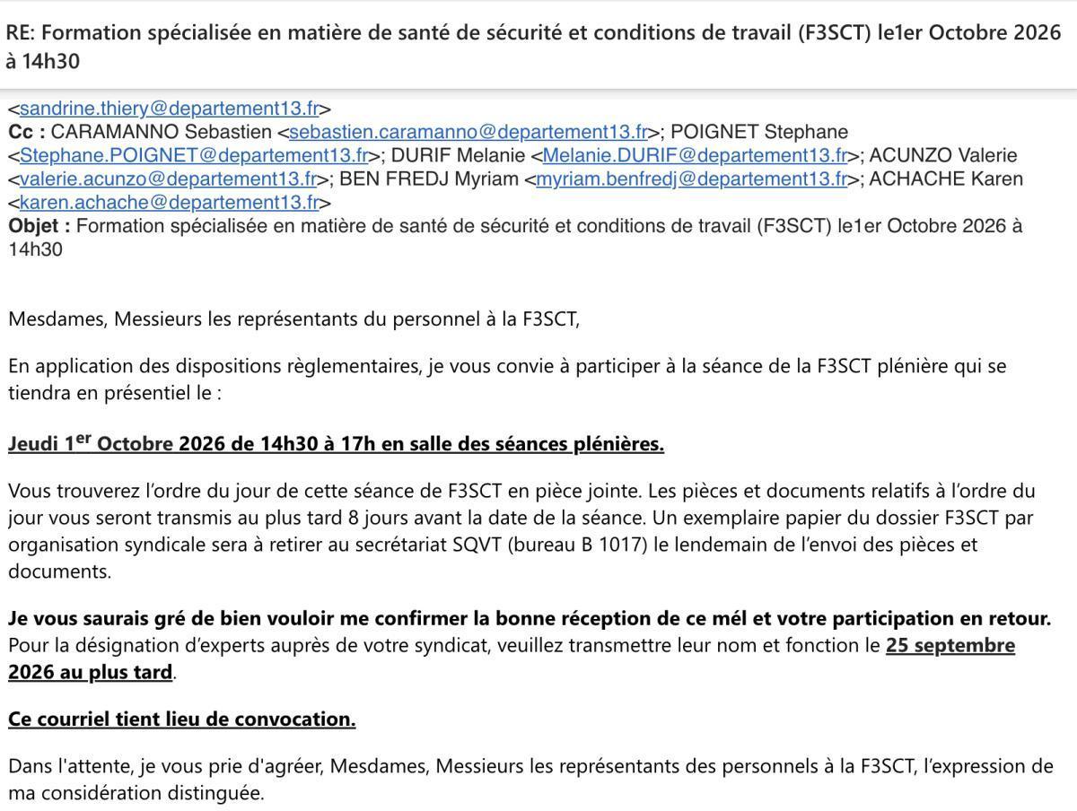 Formation spécialisée en matière de santé de sécurité et conditions de travail (F3SCT) le1er Octobre 2026 à 14h30