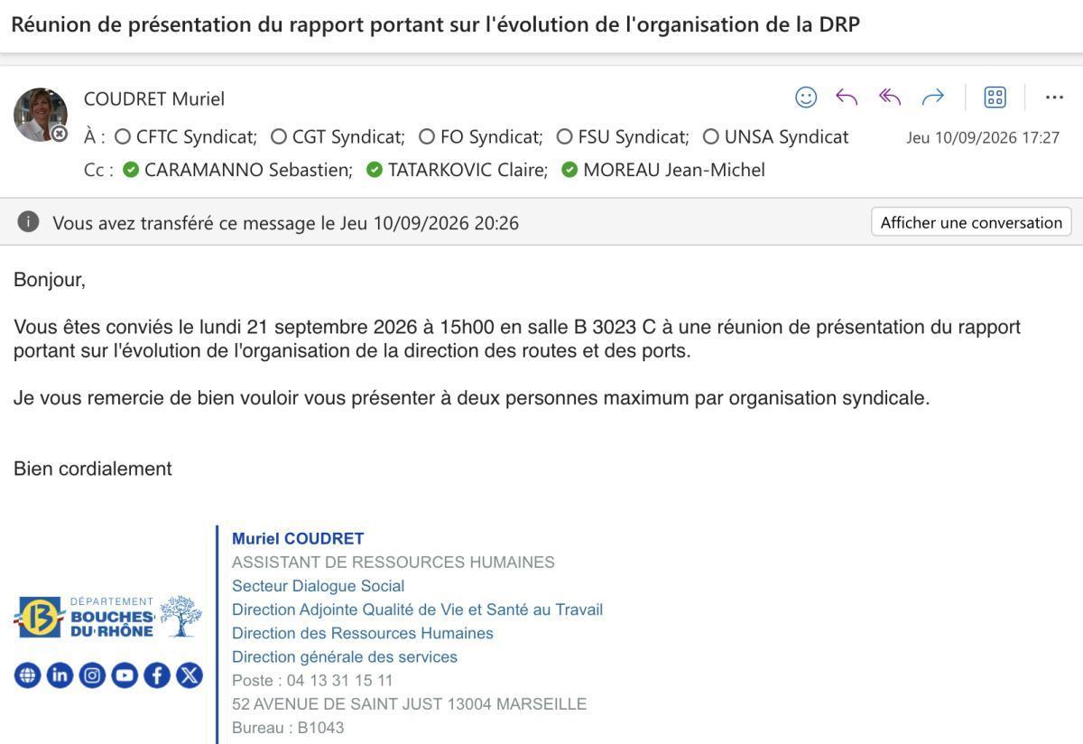 Réunion de présentation du rapport portant sur l'évolution de l'organisation de la DRP / CD13