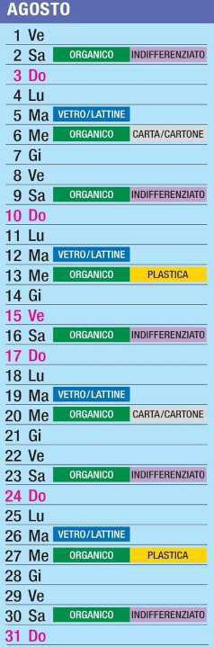 Calendario Raccolta Differenziata