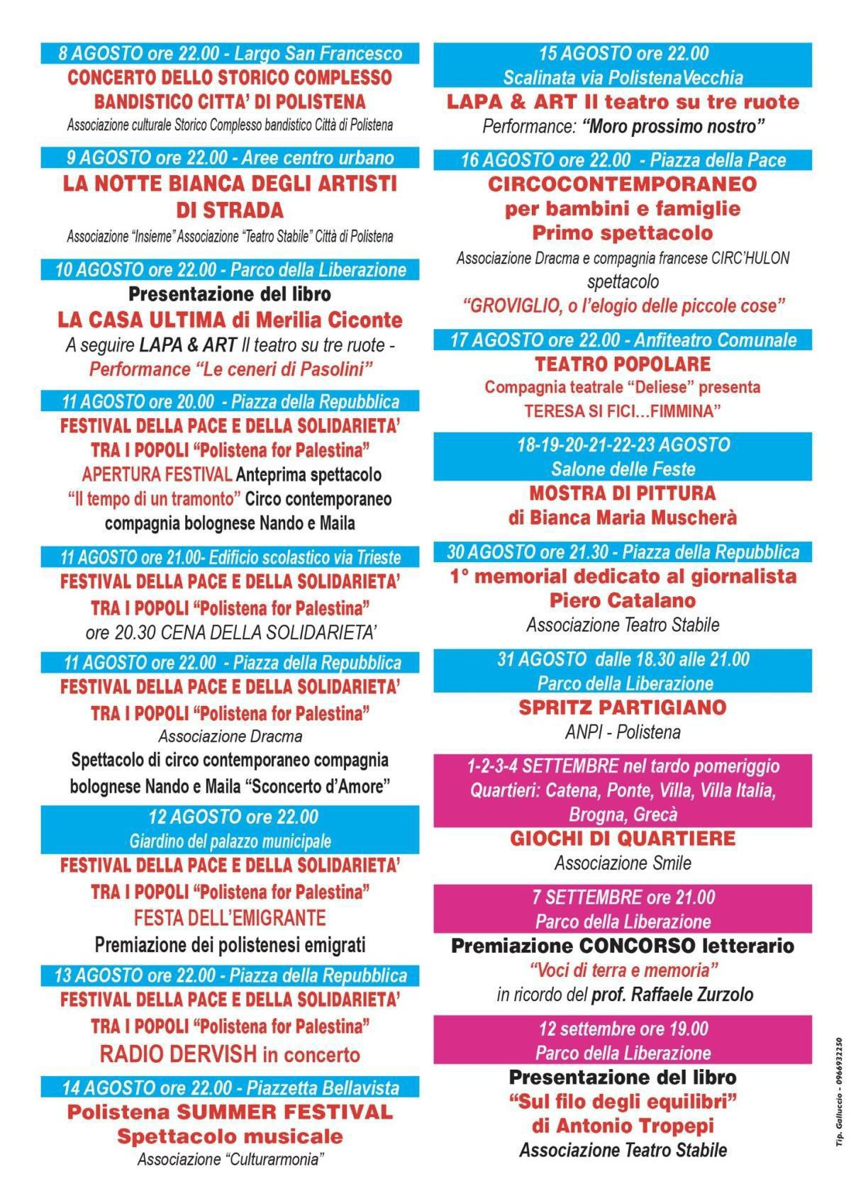 Festival della Pace e della Solidarietà tra i Popoli "Polistena for Palestina" Festa dell'Emigrante (inizio ore 22.00)