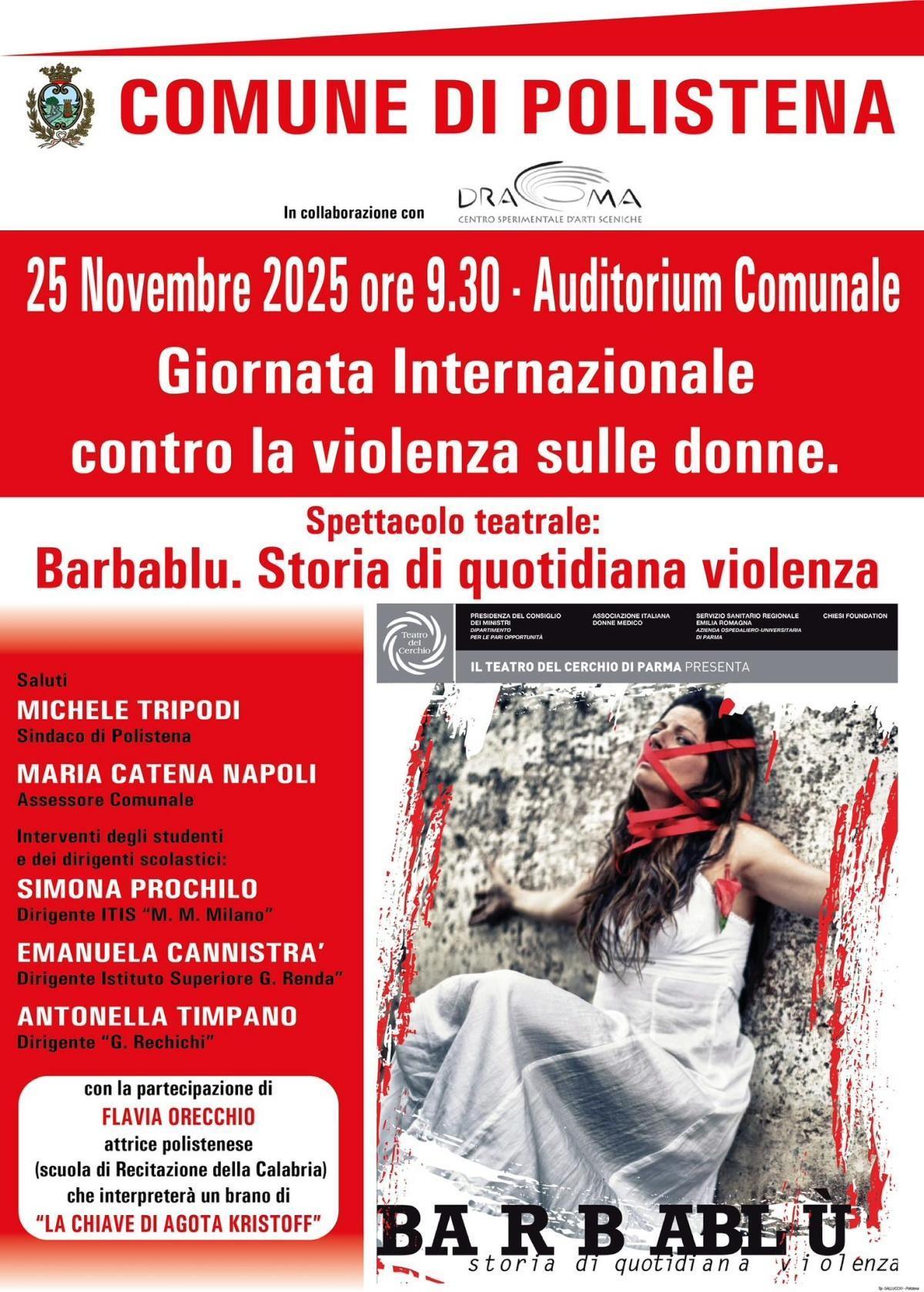 Giornata Internazionale contro la violenza sulle donne - Spettacolo teatrale: Barbablu. Storia di quotidiana violenza (inizio ore 9.30)
