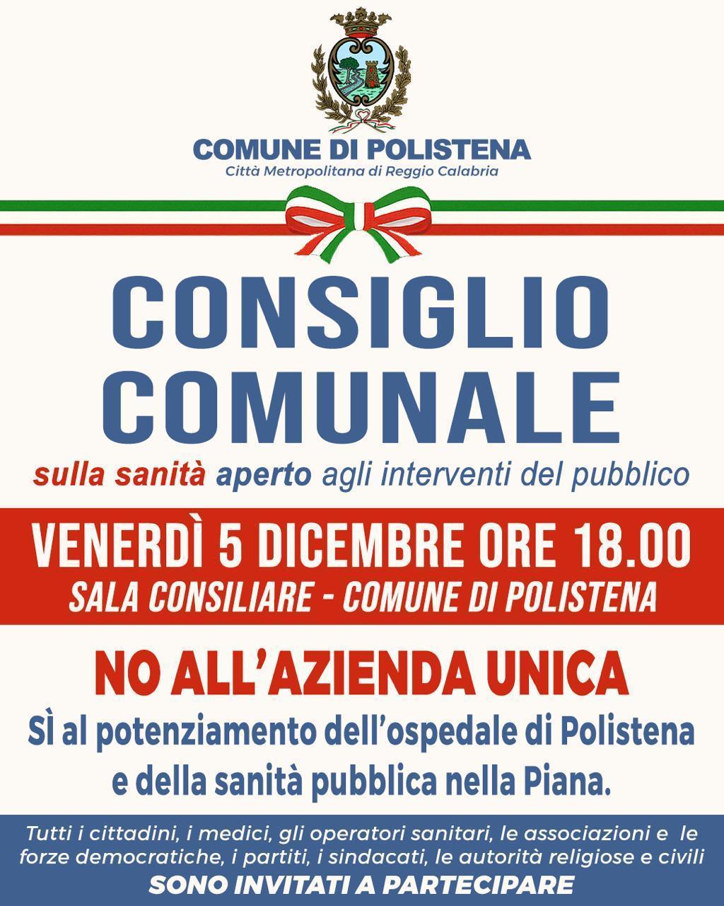 Consiglio Comunale sulla sanità aperto agli interventi del pubblico (inizio ore 18.00)