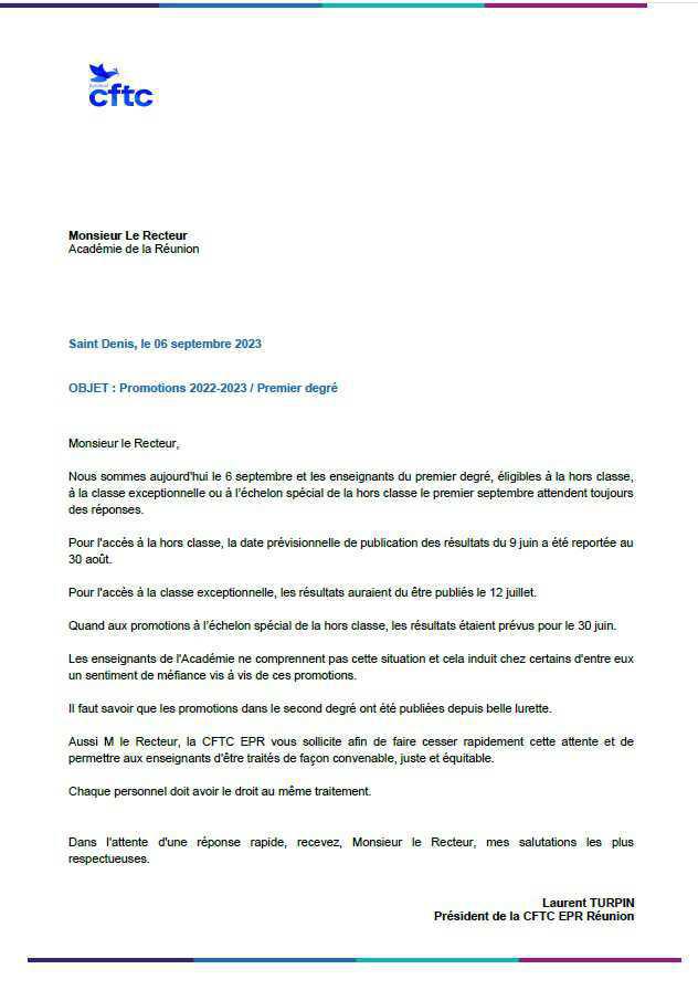 [Académie Réunion] : La CFTC interpelle le Recteur sur les promotions des PE!