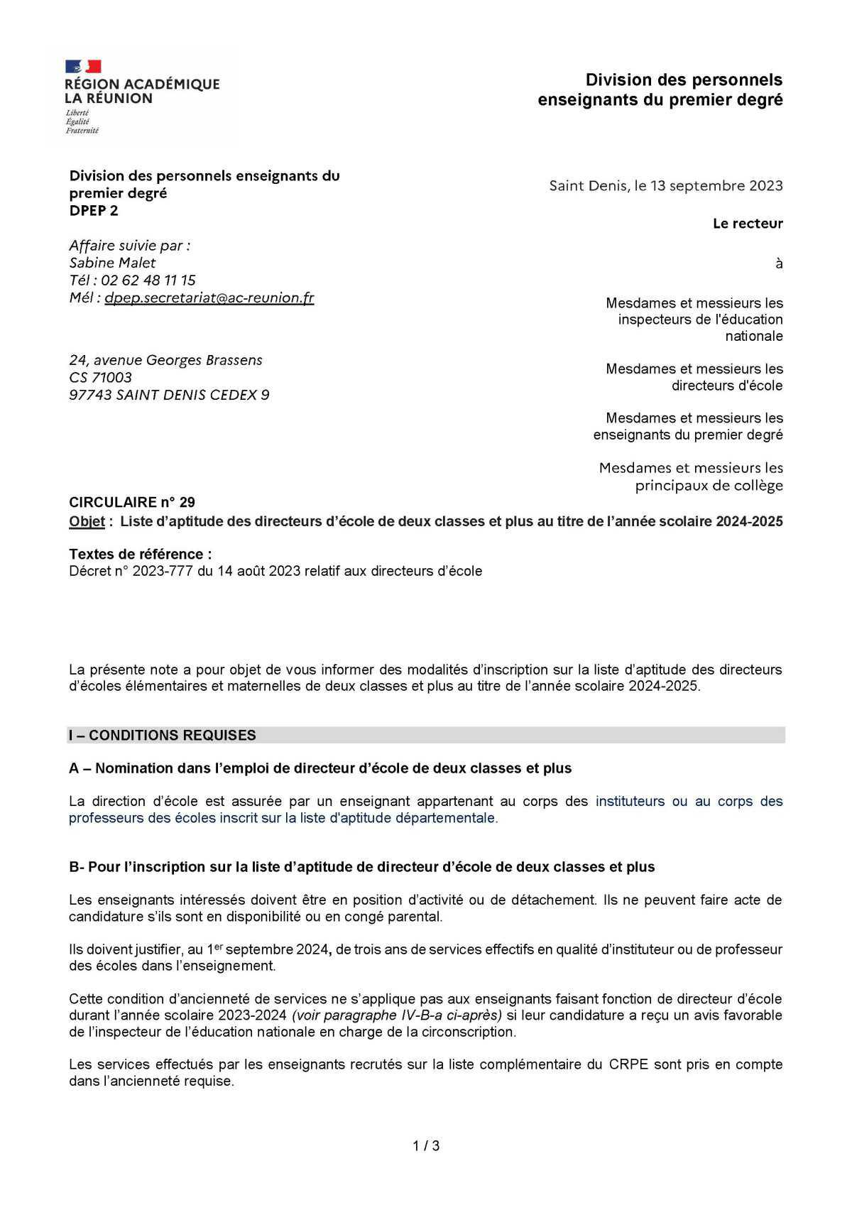 [Académie Réunion] - Direction d'école : circulaire inscription sur la liste d'aptitude...