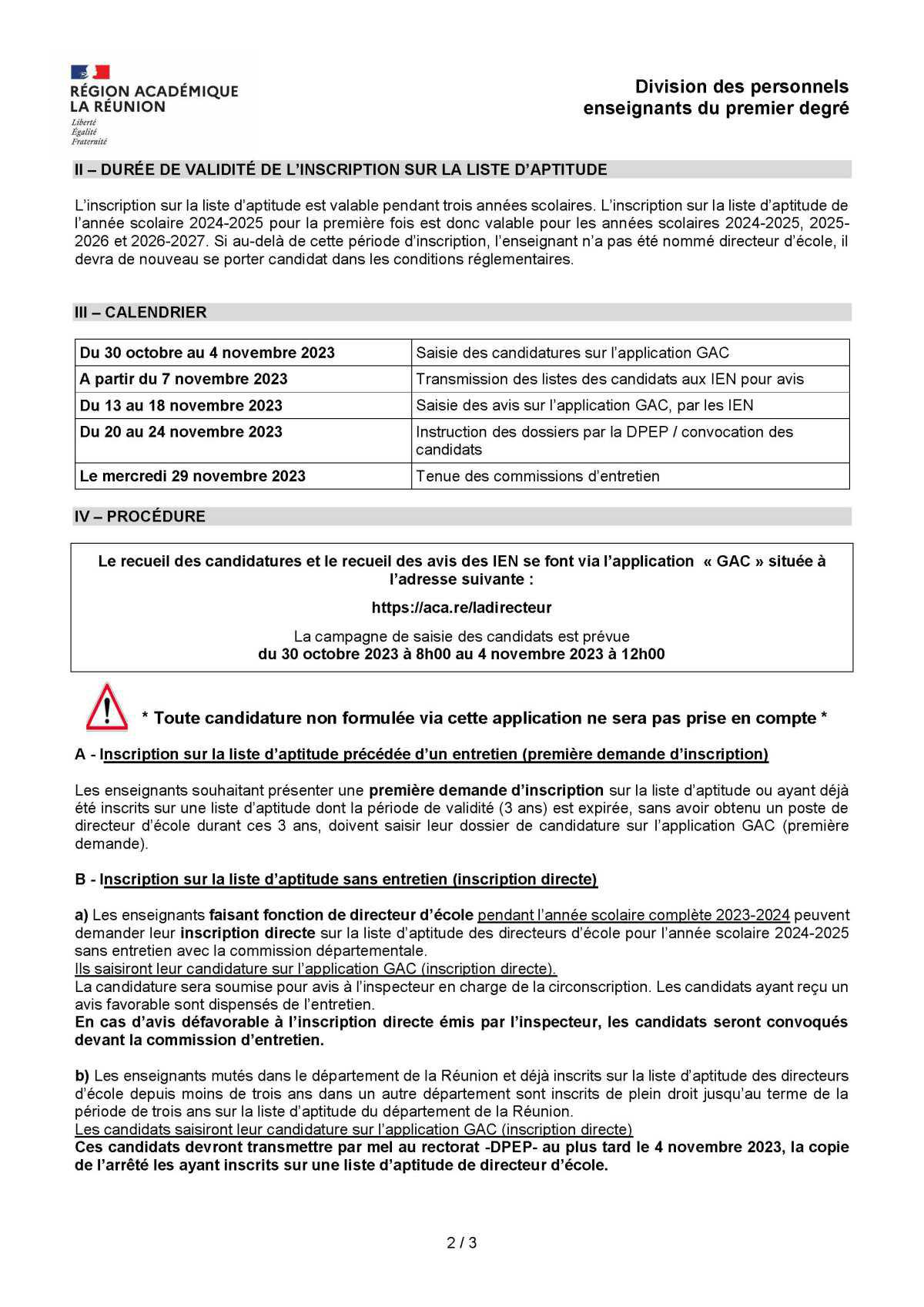 [Académie Réunion] - Direction d'école : circulaire inscription sur la liste d'aptitude...