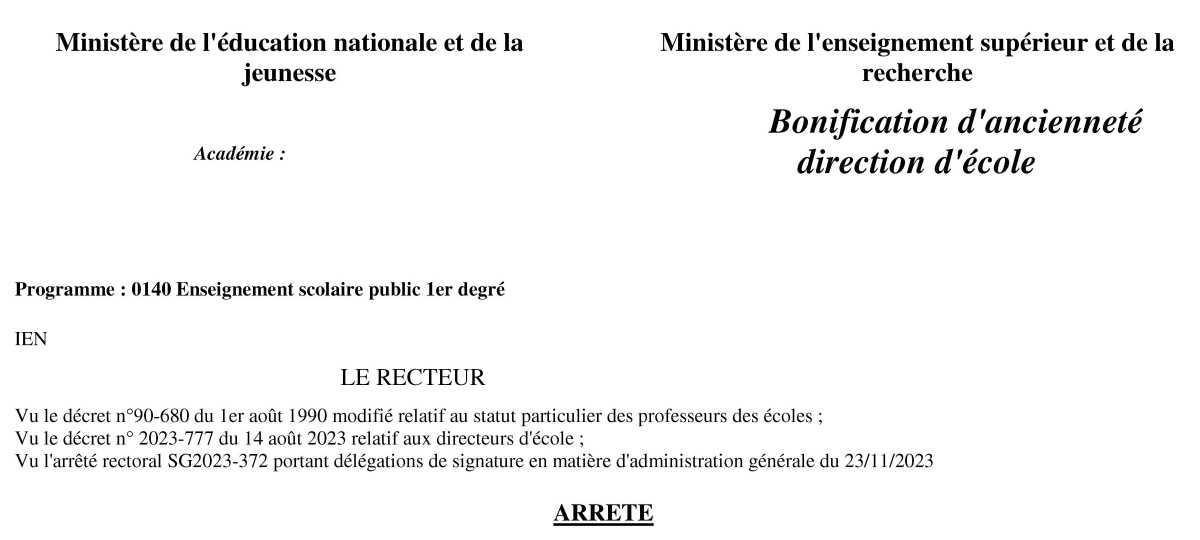 Arrêté relatif à la bonification d'ancienneté pour les directeurs et directrices d'écoles Arrêté relatif à la bonification d'ancienneté pour les directeurs et directrices d'écoles