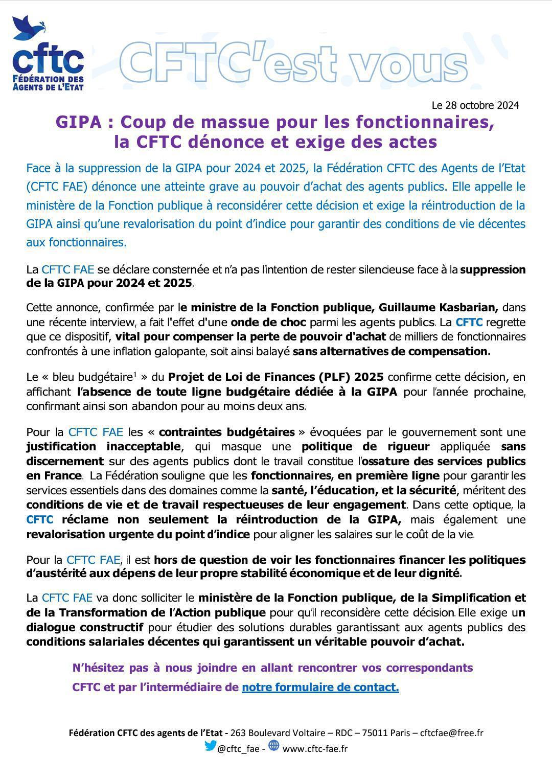 GIPA : la CFTC dénonce et exige des actes ! GIPA : la CFTC dénonce et exige des actes !