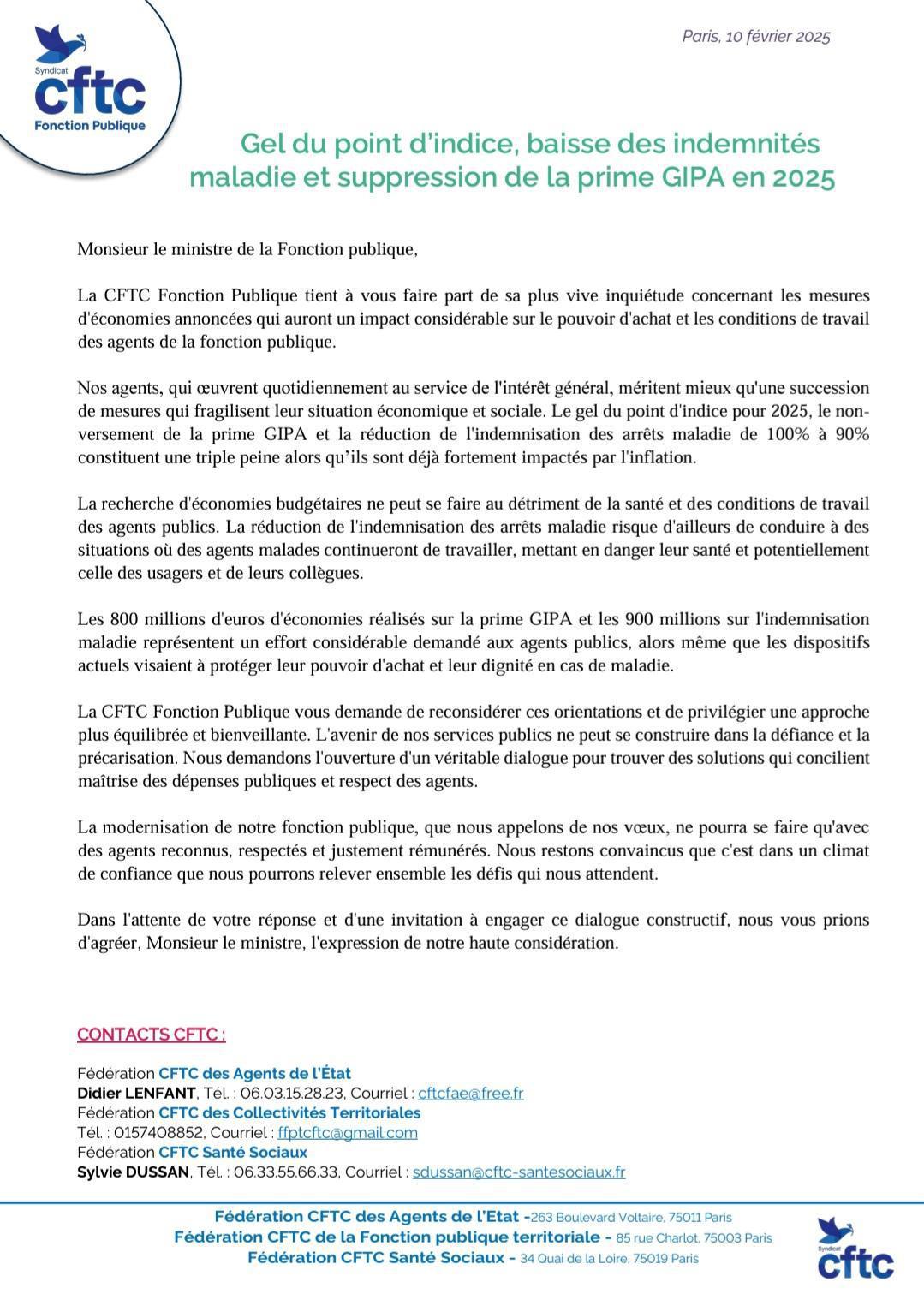 Communiqué de la CFTC Fonction Publique : Gel du point d'indice, baisse des indemnités maladie et suppression de la prime GIPA en 2025 Communiqué de la CFTC Fonction Publique : Gel du point d'indice, baisse des indemnités maladie et suppression de la prime GIPA en 2025