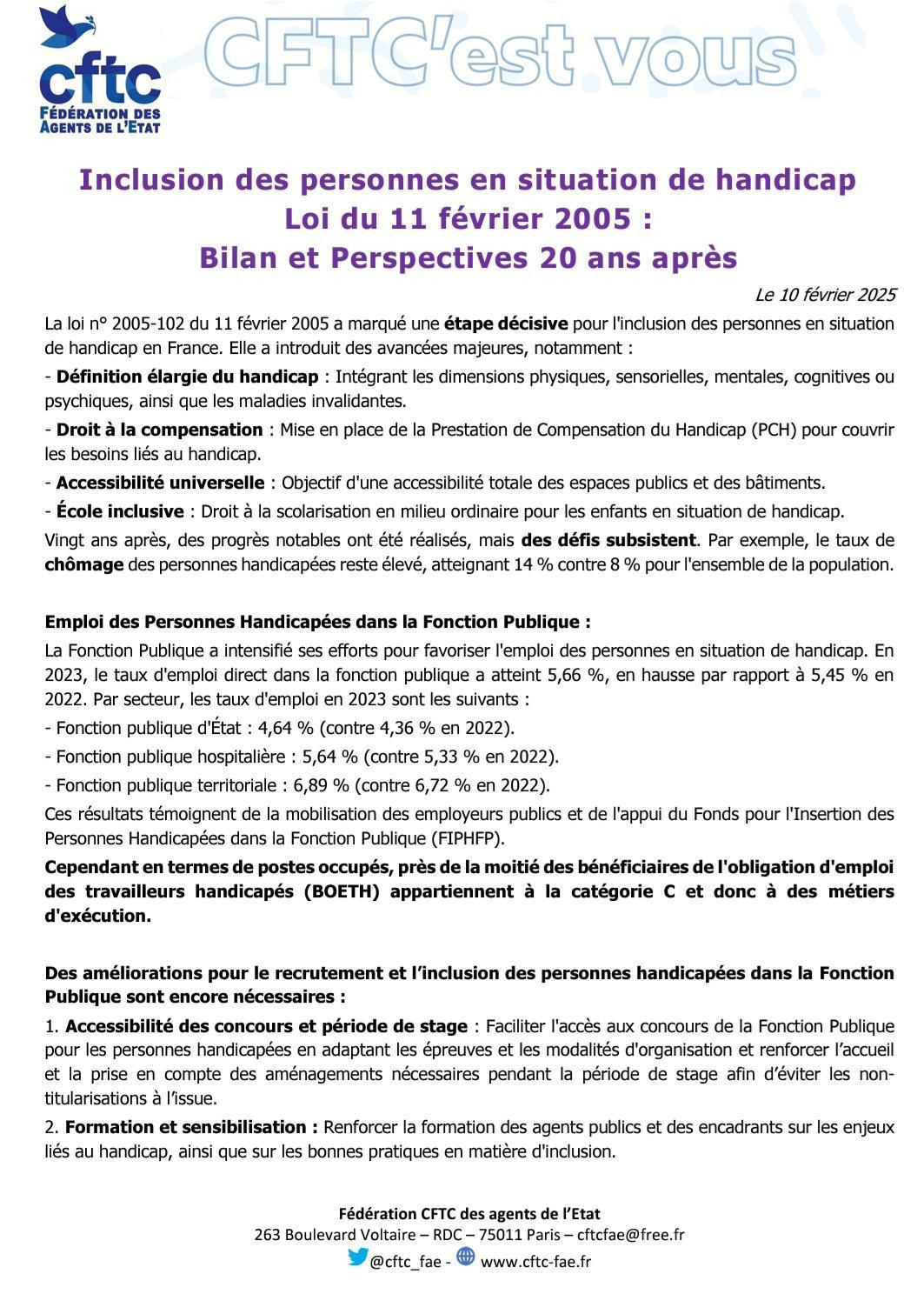 Communiqué de la CFTC Fonction publique : Inclusion des personnes en situation de handicap - Bilan et perspectivess après