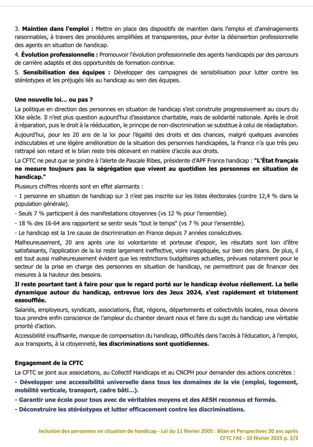 Communiqué de la CFTC Fonction publique : Inclusion des personnes en situation de handicap - Bilan et perspectivess après