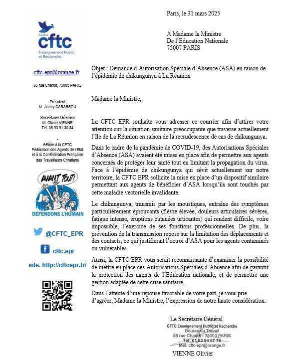 Epidémie de chikungunya à la Réunion, la CFTC EPR demande des ASA...